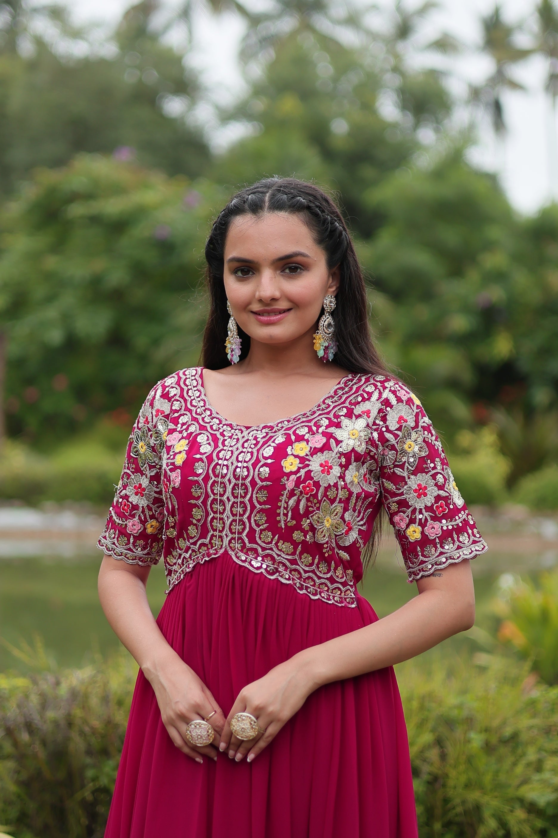 Sonakshi Women's Rani Pink Faux Blooming Sequins with Zari Embroidered Long Anarkali Dress