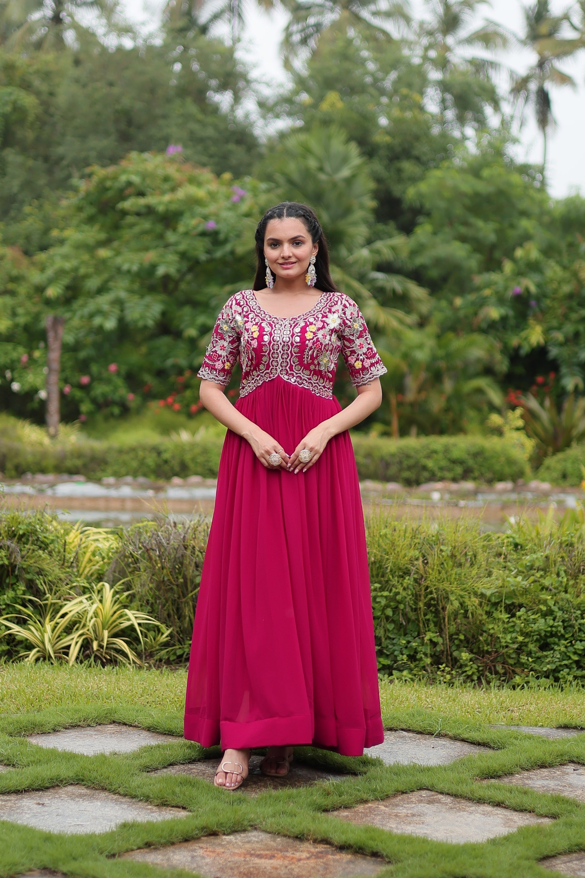 Sonakshi Women's Rani Pink Faux Blooming Sequins with Zari Embroidered Long Anarkali Dress
