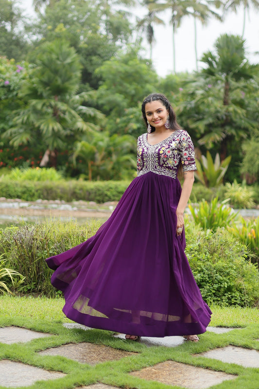 Sonakshi Women's Purple Faux Blooming Sequins with Zari Embroidered Long Anarkali Dress