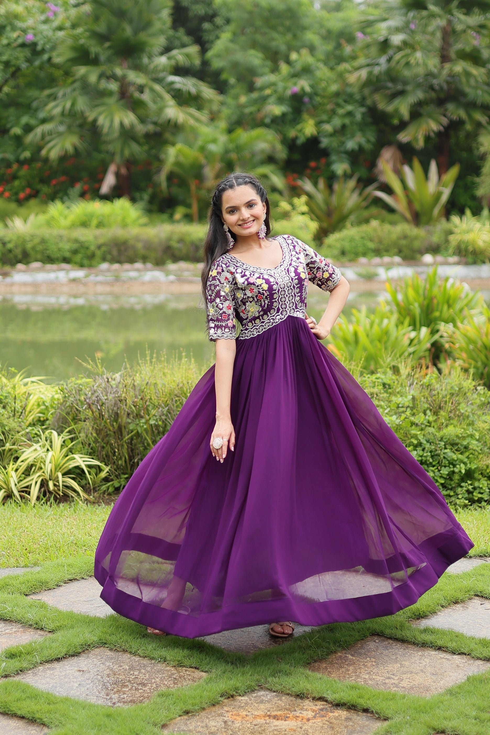 Sonakshi Women's Purple Faux Blooming Sequins with Zari Embroidered Long Anarkali Dress