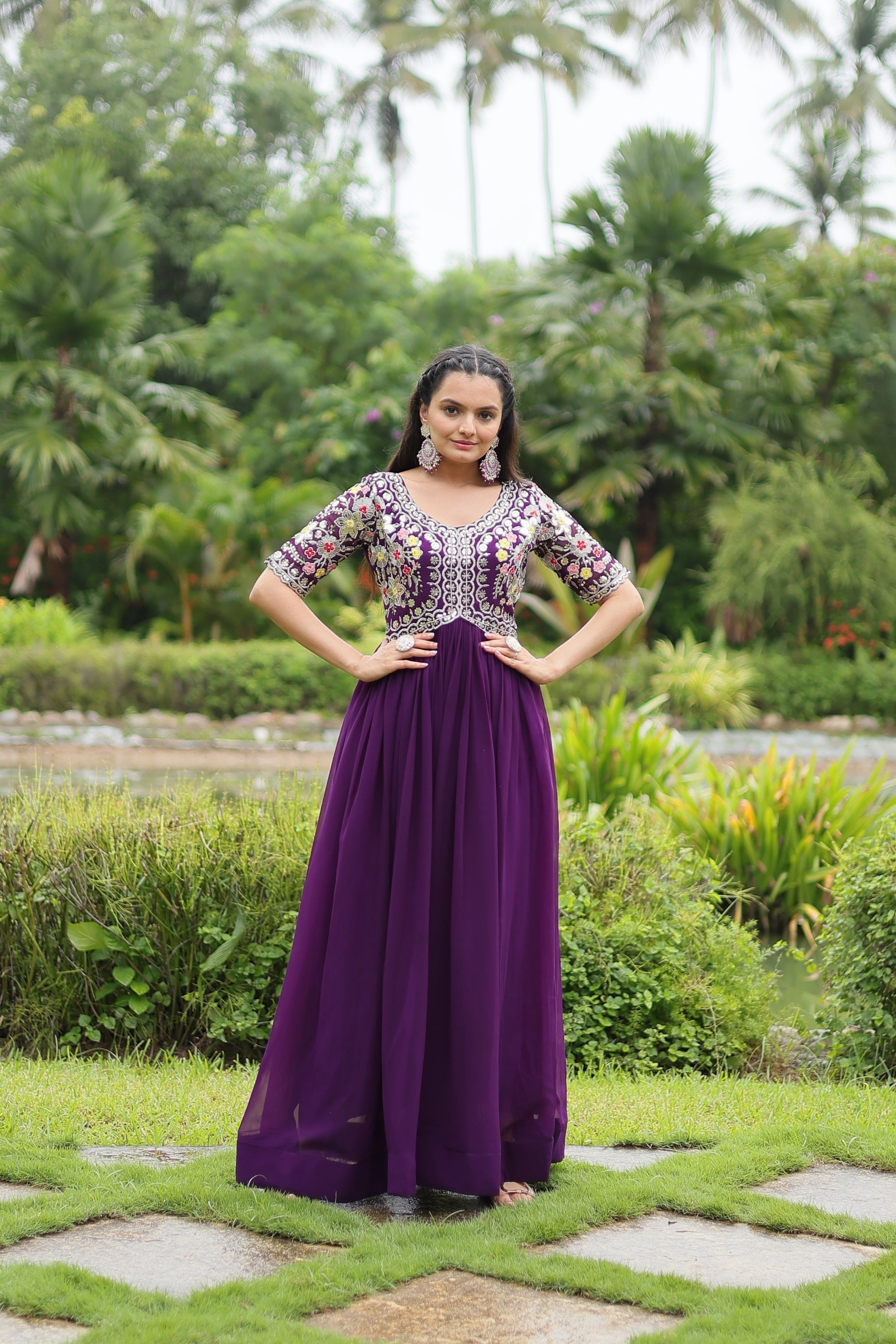 Sonakshi Women's Purple Faux Blooming Sequins with Zari Embroidered Long Anarkali Dress