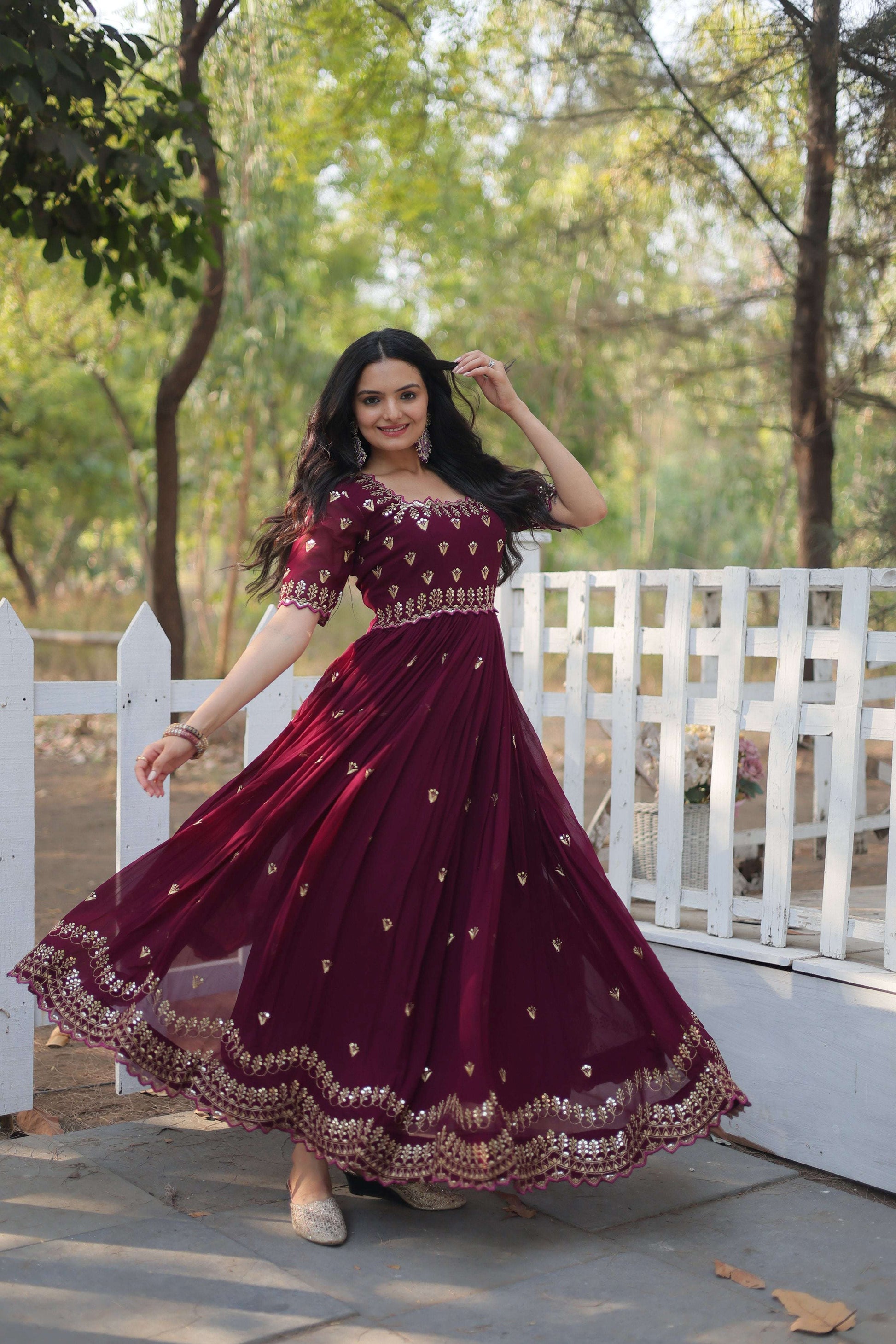 Sonakshi Women's Maroon Faux Blooming Sequins with Zari Embroidered Long Anarkali Dress