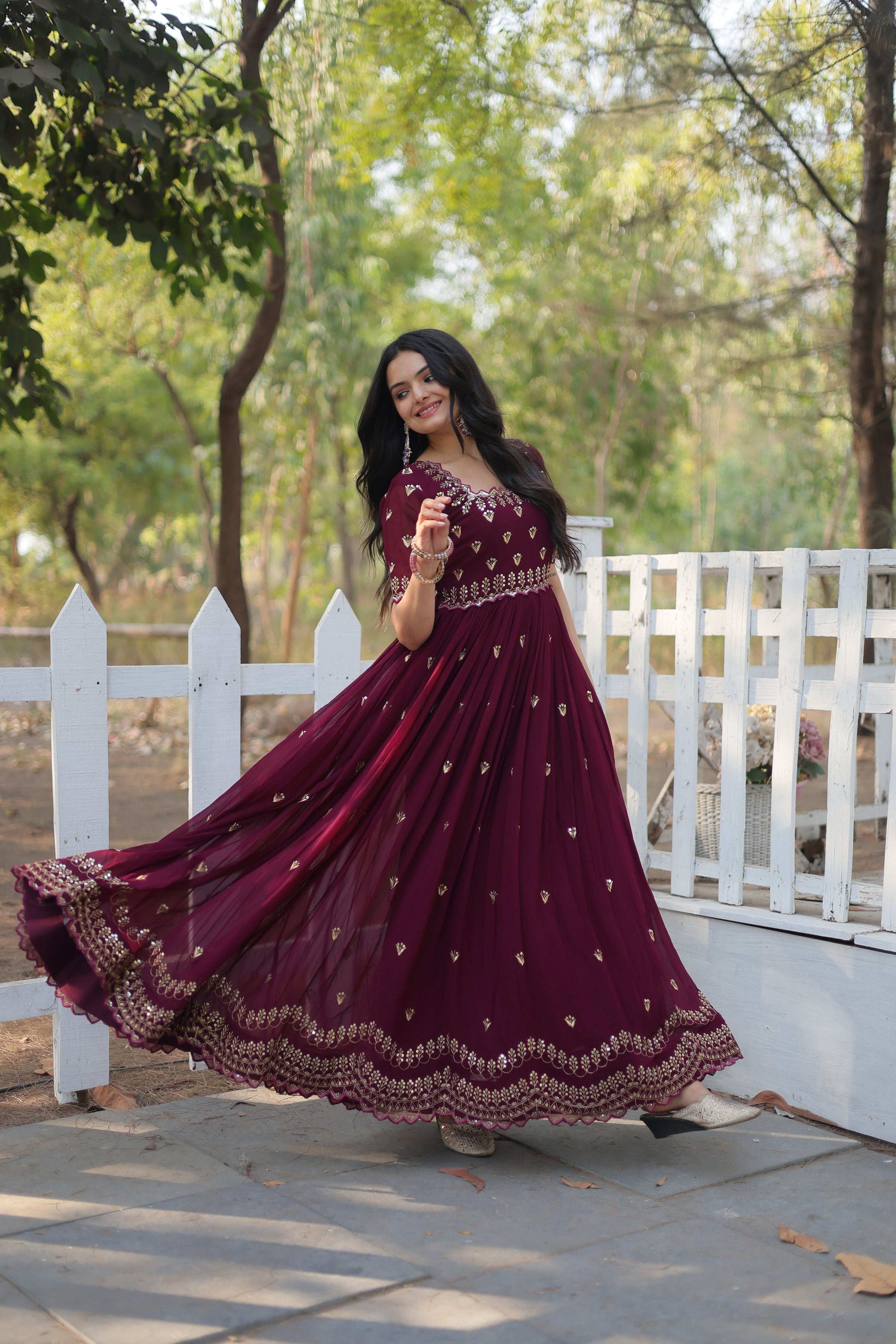 Sonakshi Women's Maroon Faux Blooming Sequins with Zari Embroidered Long Anarkali Dress