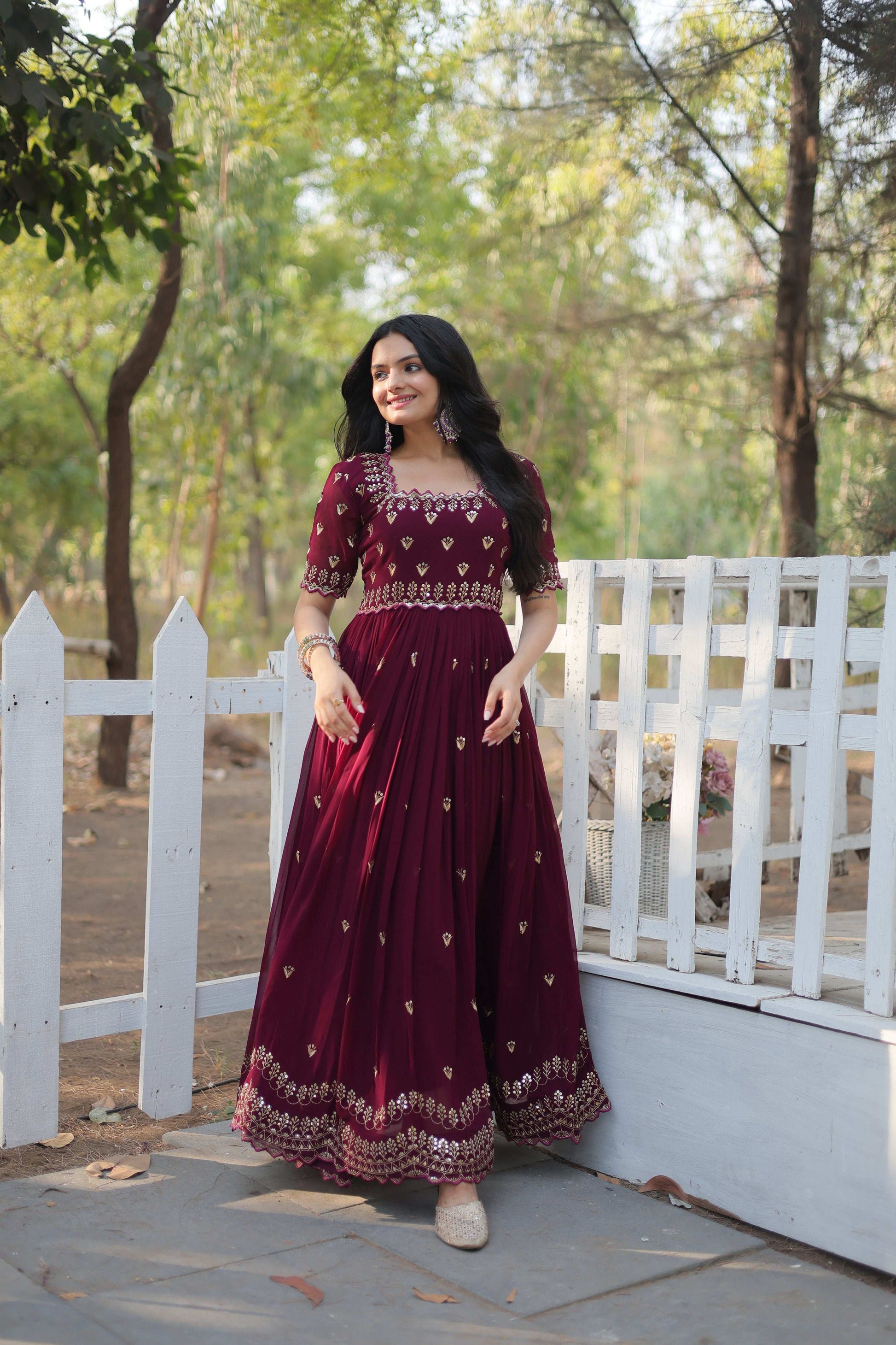 Sonakshi Women's Maroon Faux Blooming Sequins with Zari Embroidered Long Anarkali Dress
