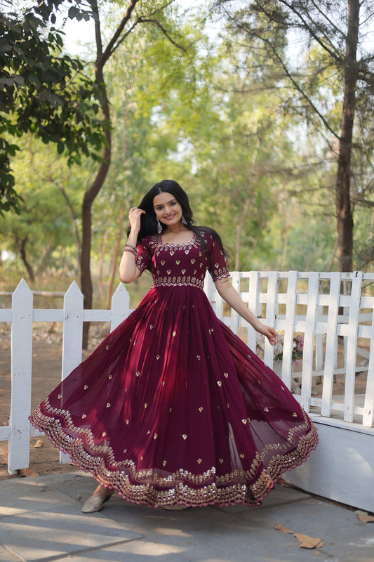 Sonakshi Women's Maroon Faux Blooming Sequins with Zari Embroidered Long Anarkali Dress