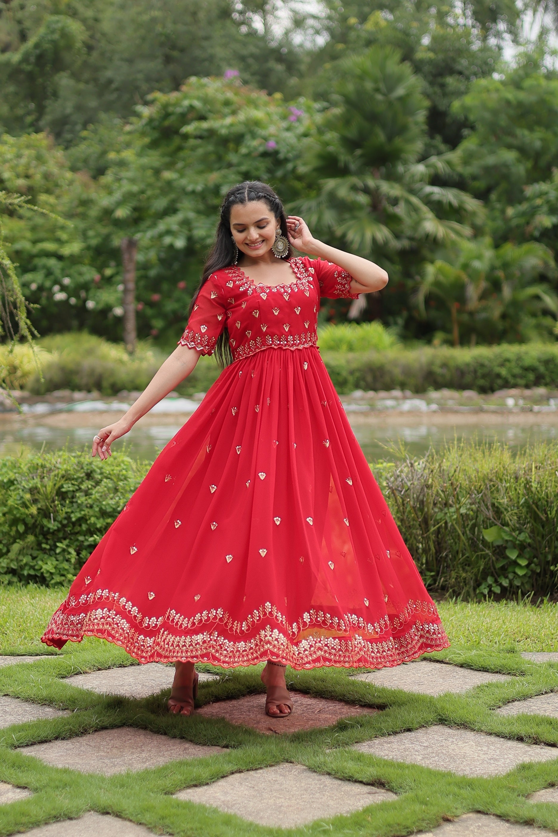 Sonakshi Women's Red Faux Blooming Sequins with Zari Embroidered Long Anarkali Dress