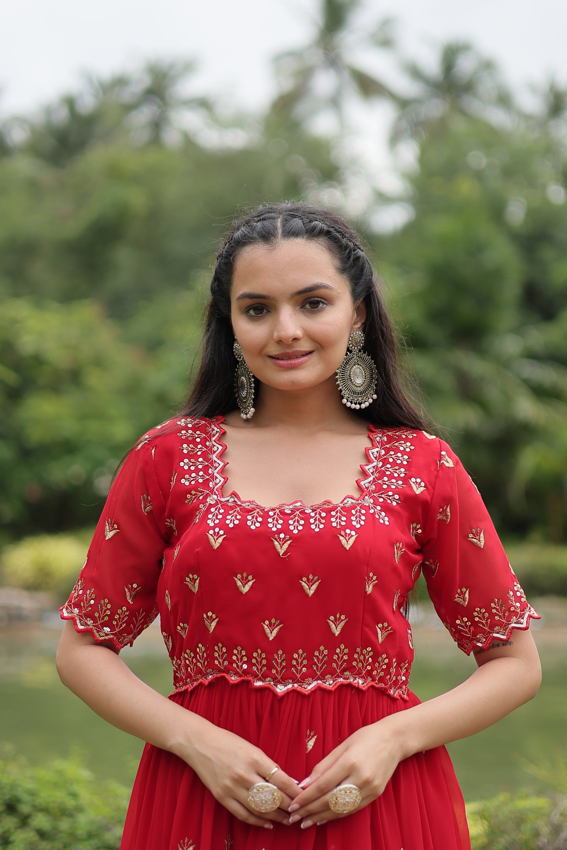 Sonakshi Women's Red Faux Blooming Sequins with Zari Embroidered Long Anarkali Dress