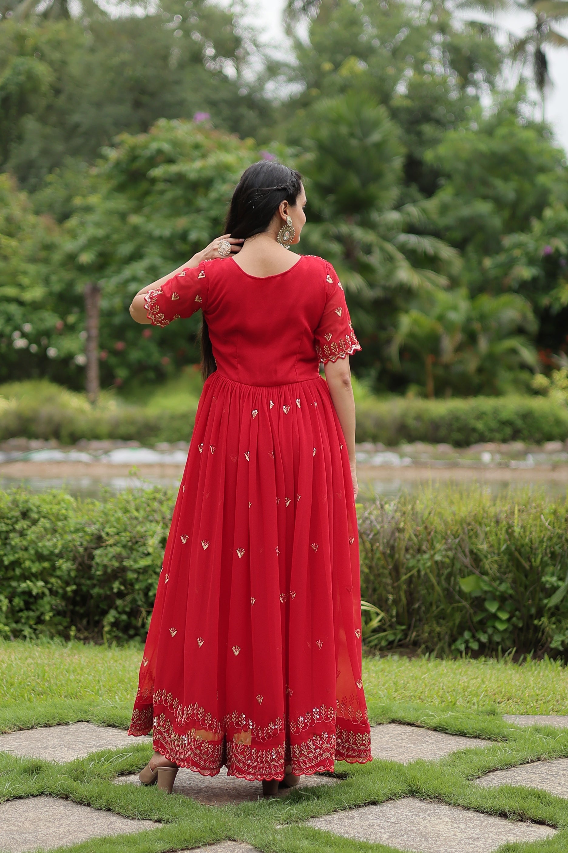 Sonakshi Women's Red Faux Blooming Sequins with Zari Embroidered Long Anarkali Dress