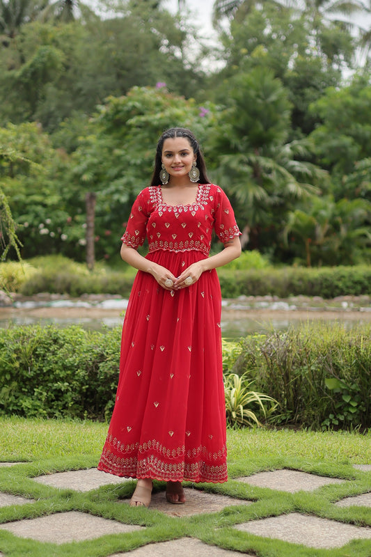 Sonakshi Women's Red Faux Blooming Sequins with Zari Embroidered Long Anarkali Dress