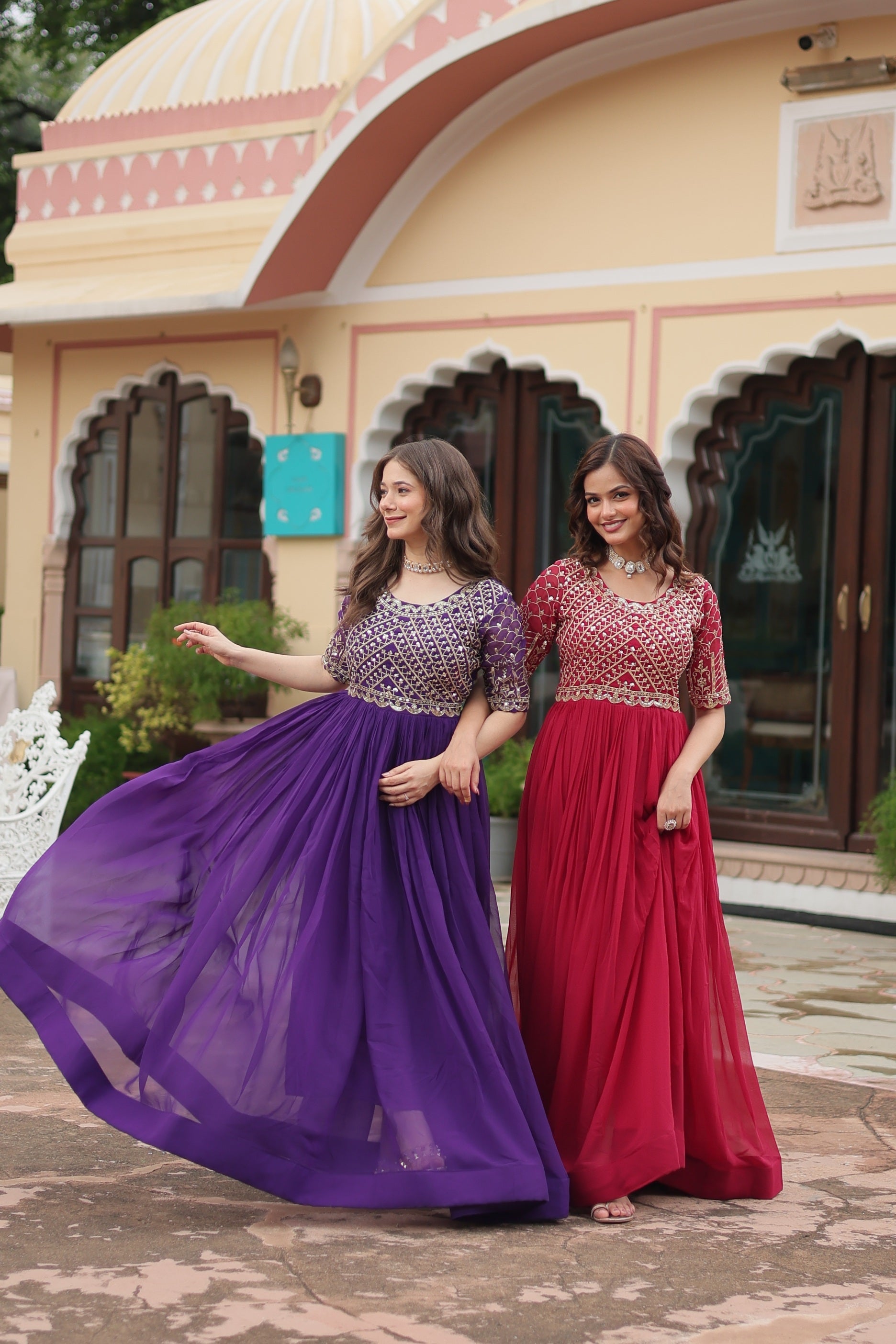 Sonakshi Women's Pink & Purple Faux Blooming Sequins Zari Embroidered Combo Anarkali Dress