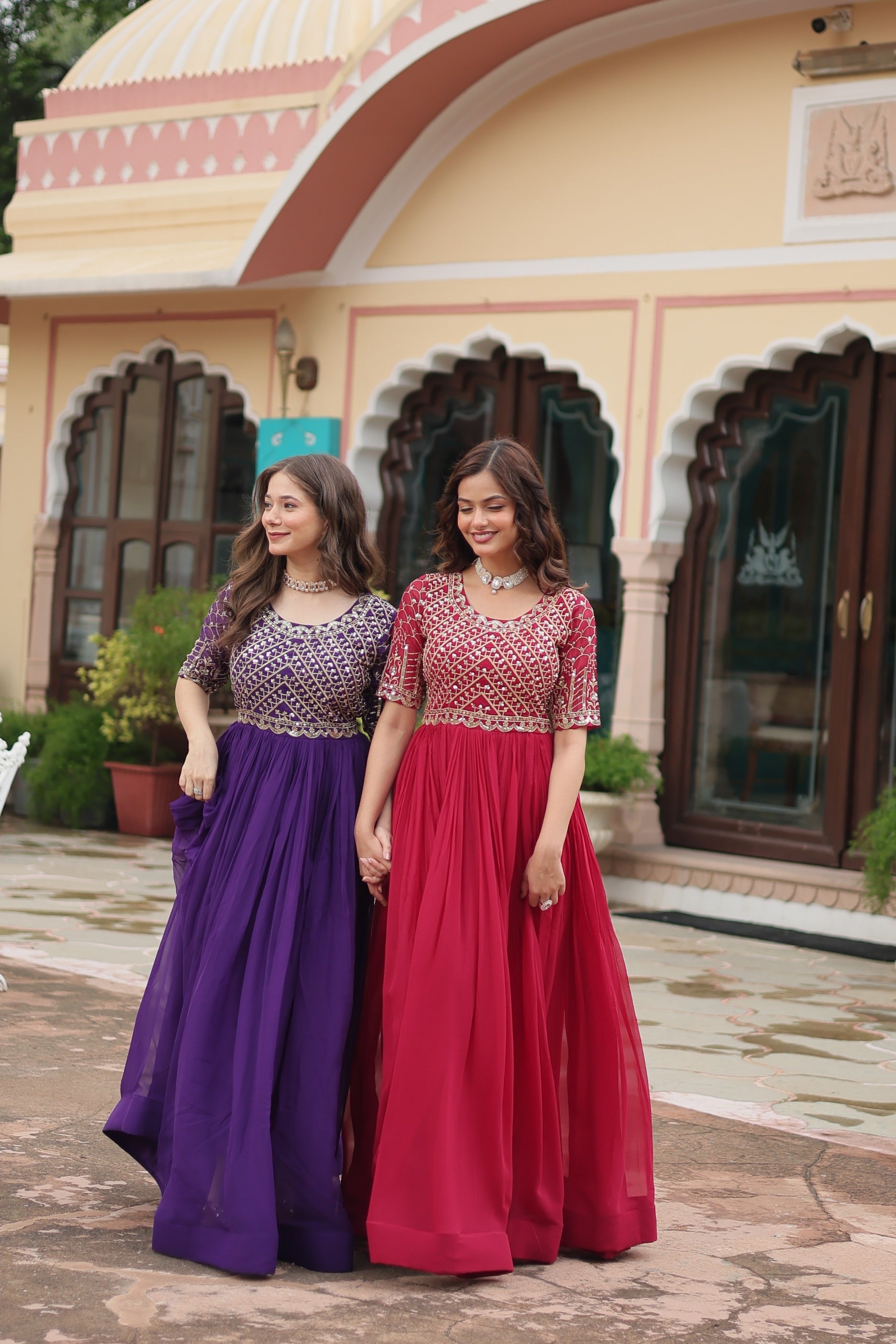 Sonakshi Women's Pink & Purple Faux Blooming Sequins Zari Embroidered Combo Anarkali Dress