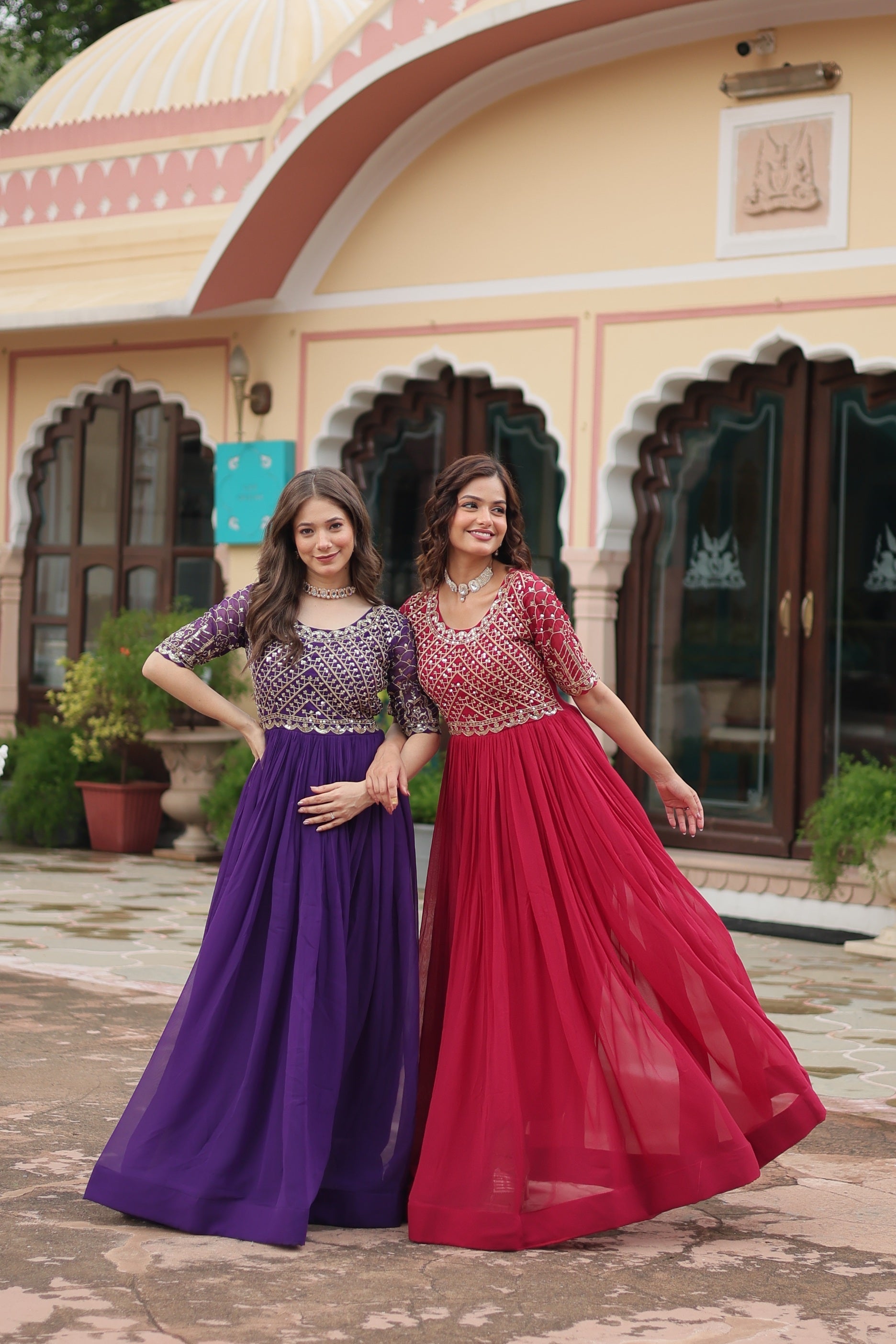 Sonakshi Women's Pink & Purple Faux Blooming Sequins Zari Embroidered Combo Anarkali Dress