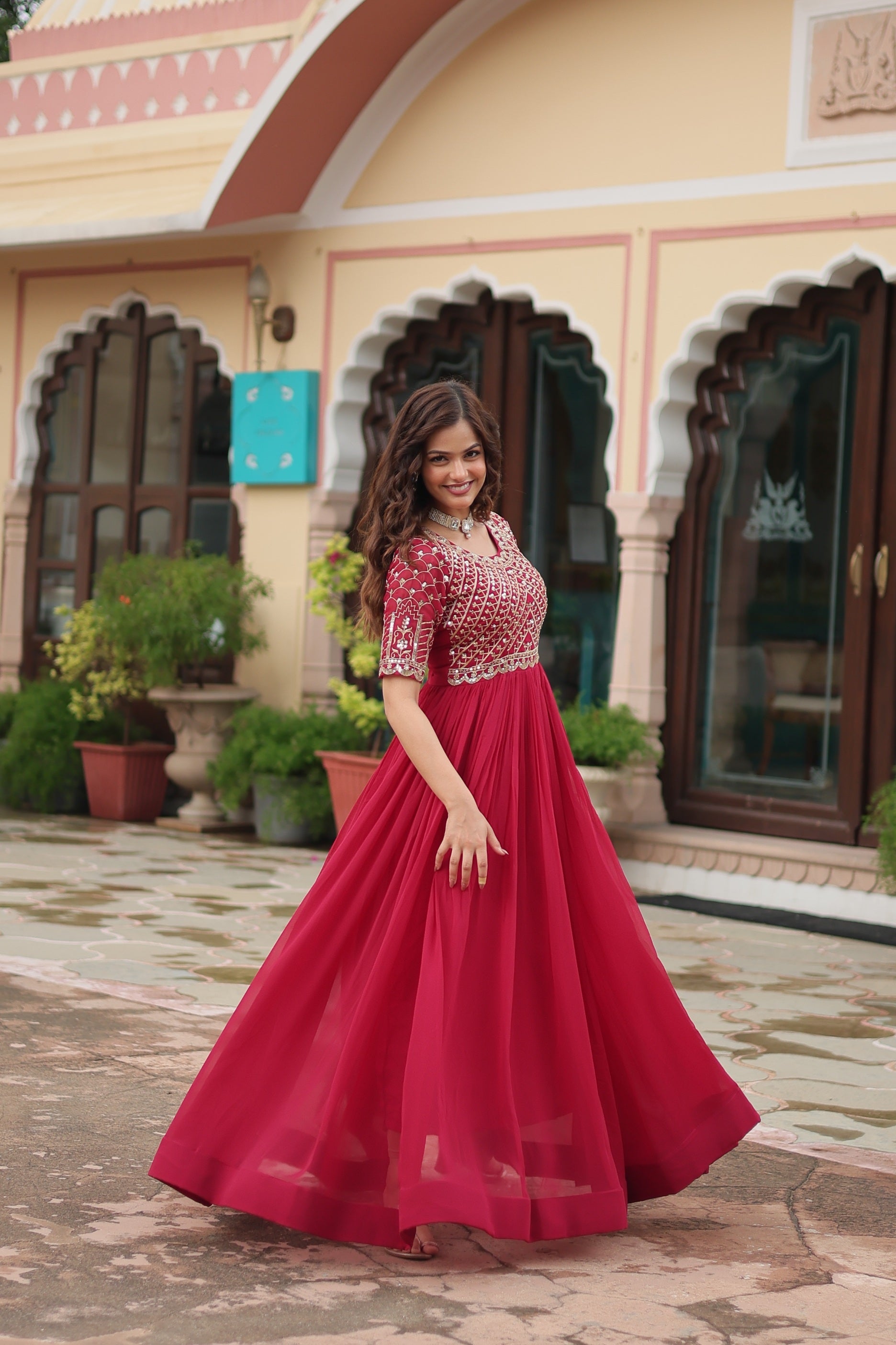 Sonakshi Women's Pink Faux Blooming Sequins Zari Embroidered Long Anarkali Dress