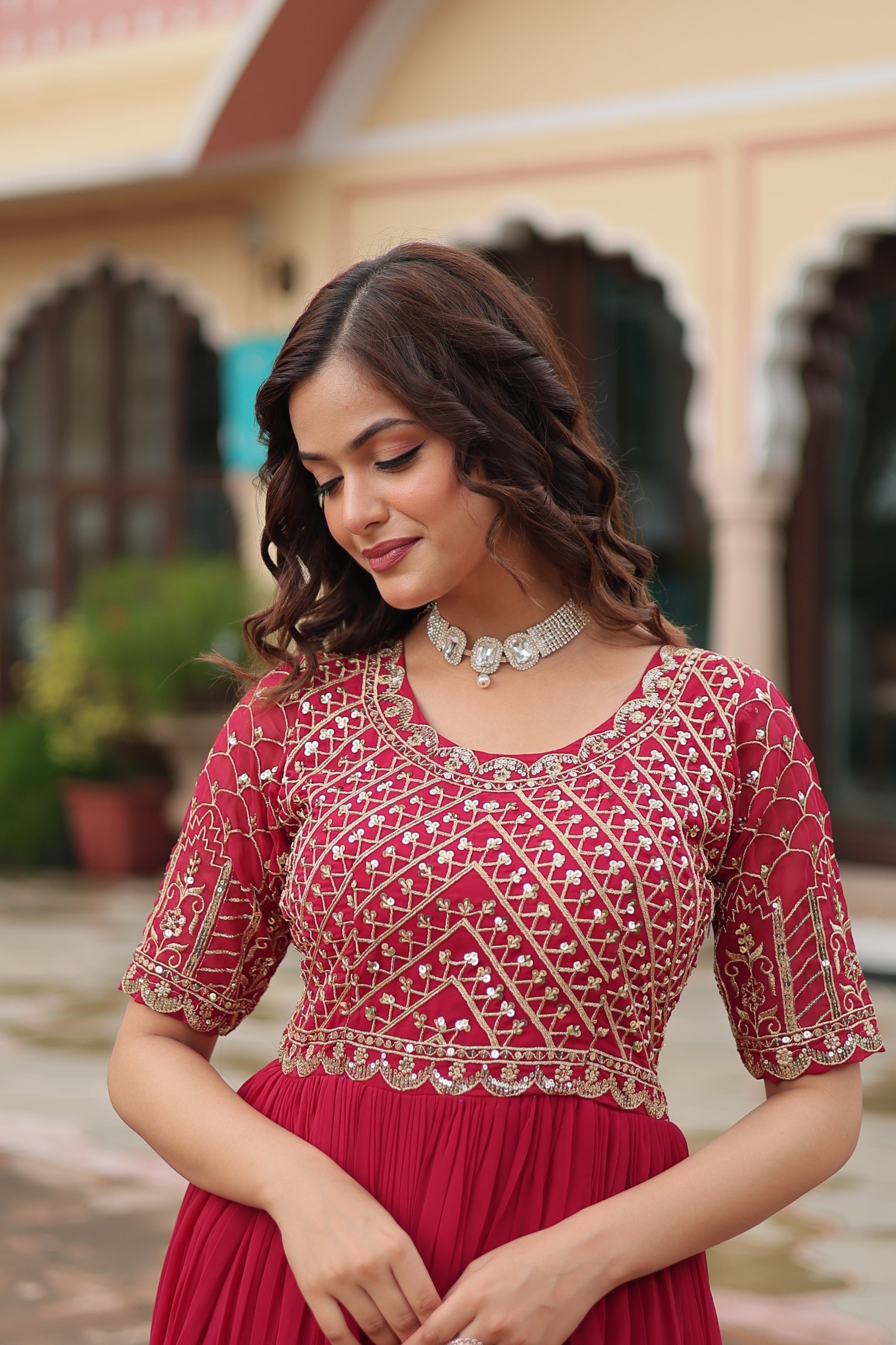 Sonakshi Women's Pink Faux Blooming Sequins Zari Embroidered Long Anarkali Dress