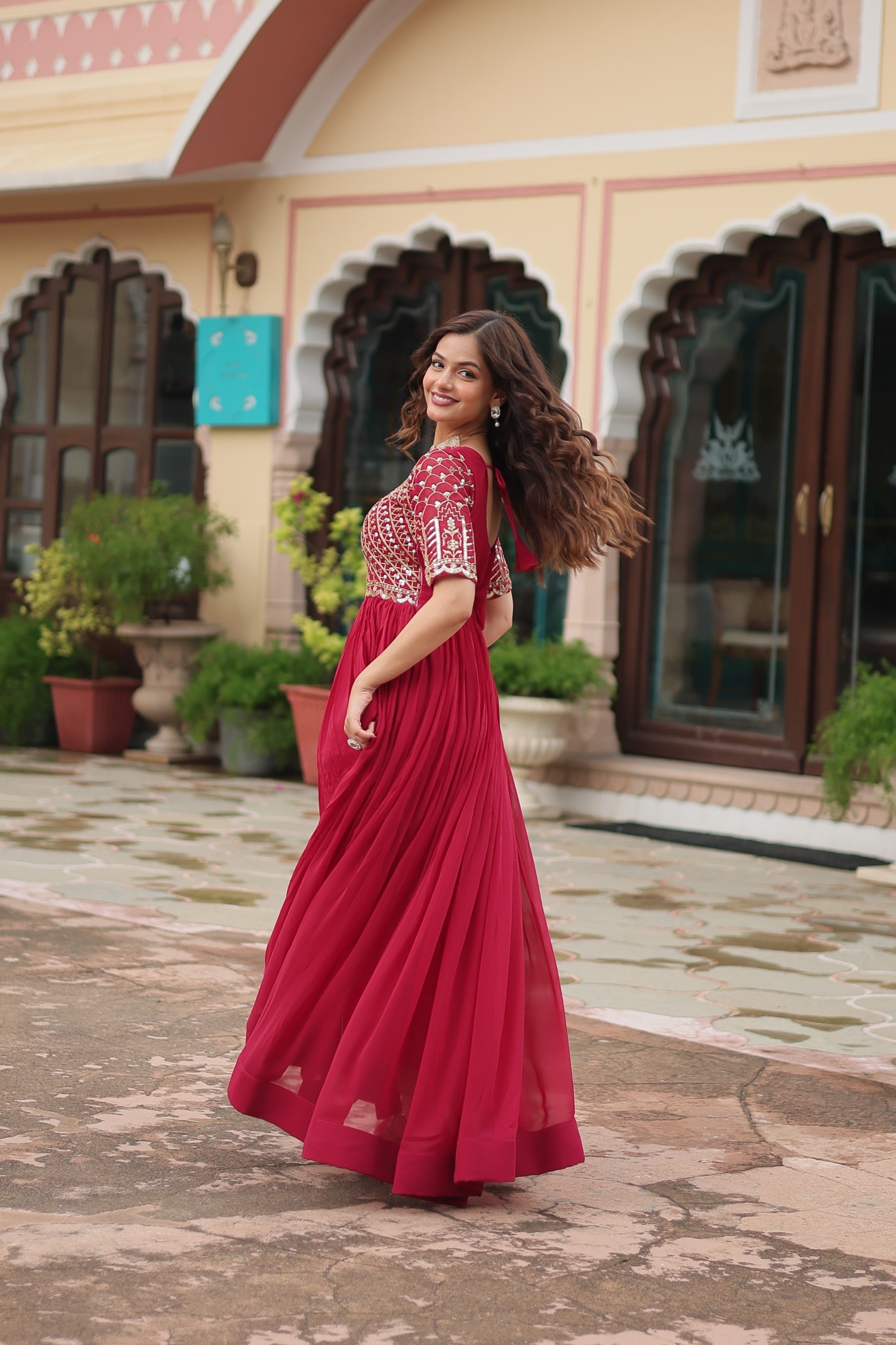 Sonakshi Women's Pink Faux Blooming Sequins Zari Embroidered Long Anarkali Dress