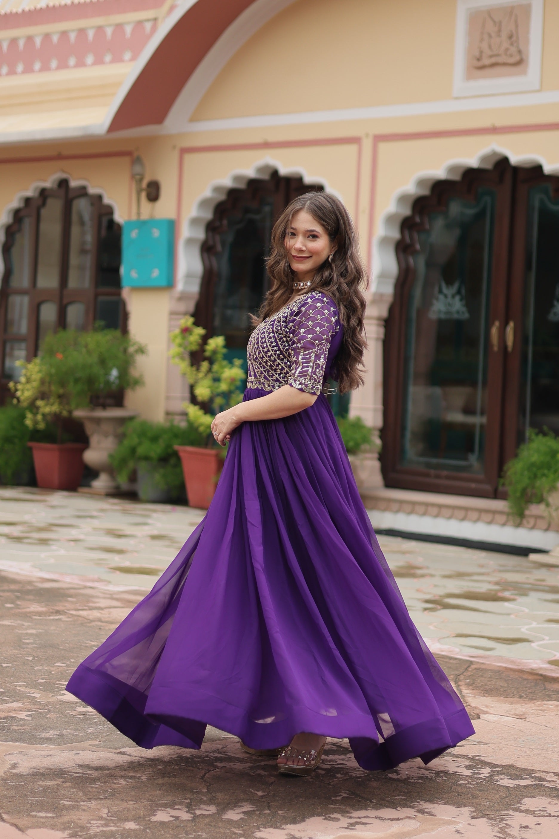 Sonakshi Women's Purple Faux Blooming Sequins Zari Embroidered Long Anarkali Dress