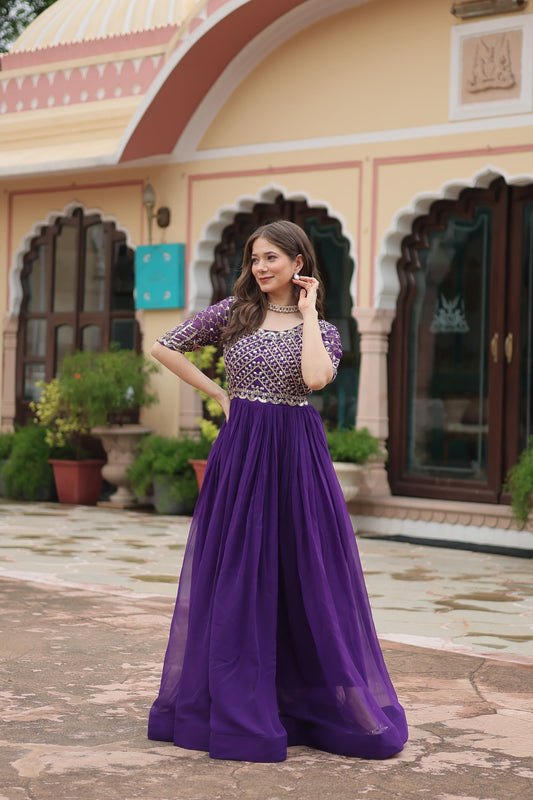 Sonakshi Women's Purple Faux Blooming Sequins Zari Embroidered Long Anarkali Dress
