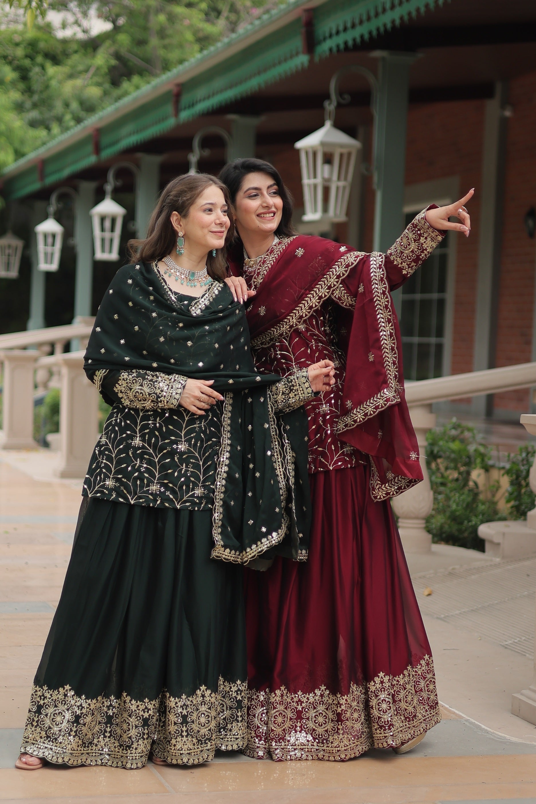 Sonakshi Women's Bottle Green & Maroon Rangoli Silk Sequins Thread Embroidered Combo Sharara Sets