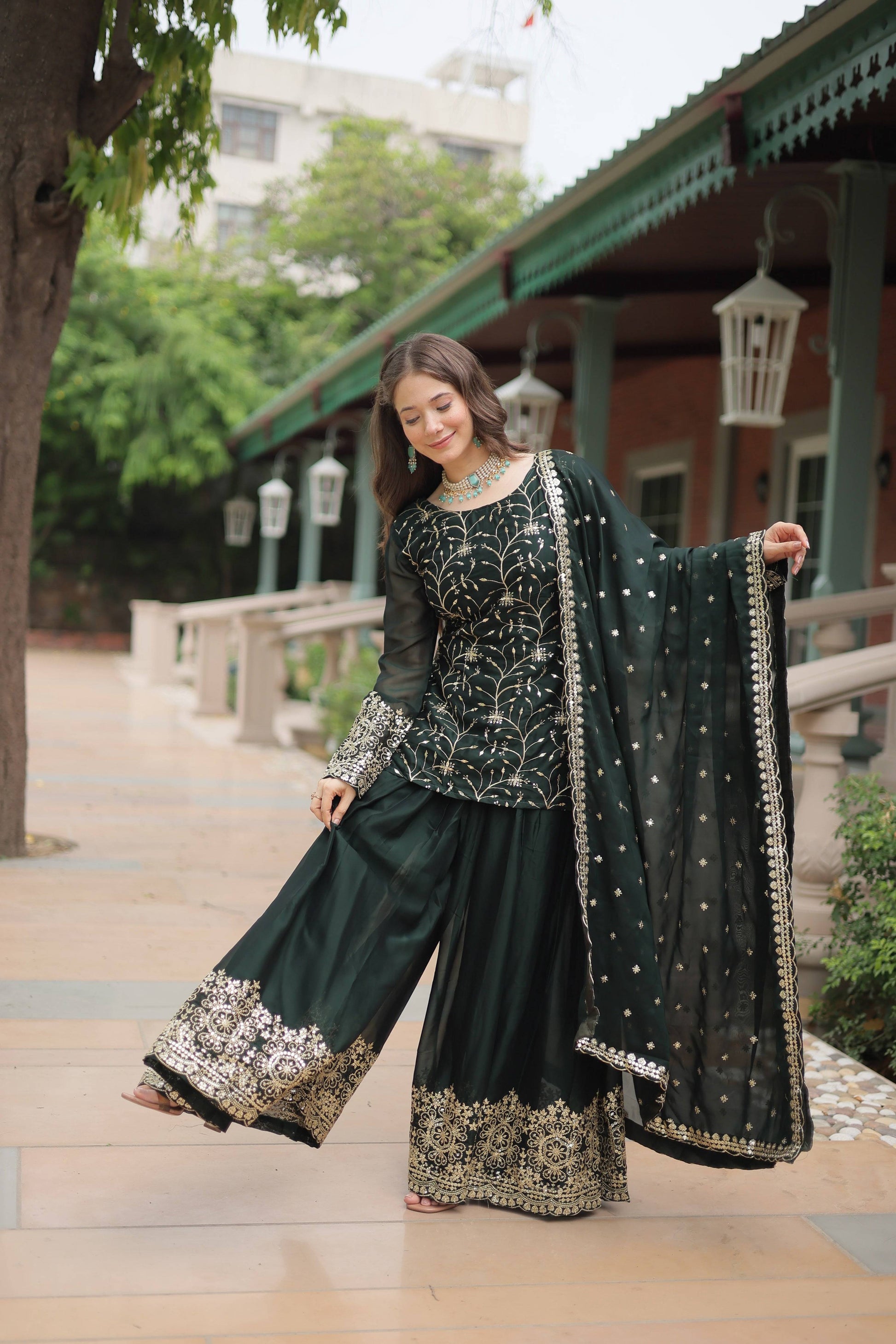 Sonakshi Women's Bottle Green Rangoli Silk Sequins Thread Embroidered Sharara Sets