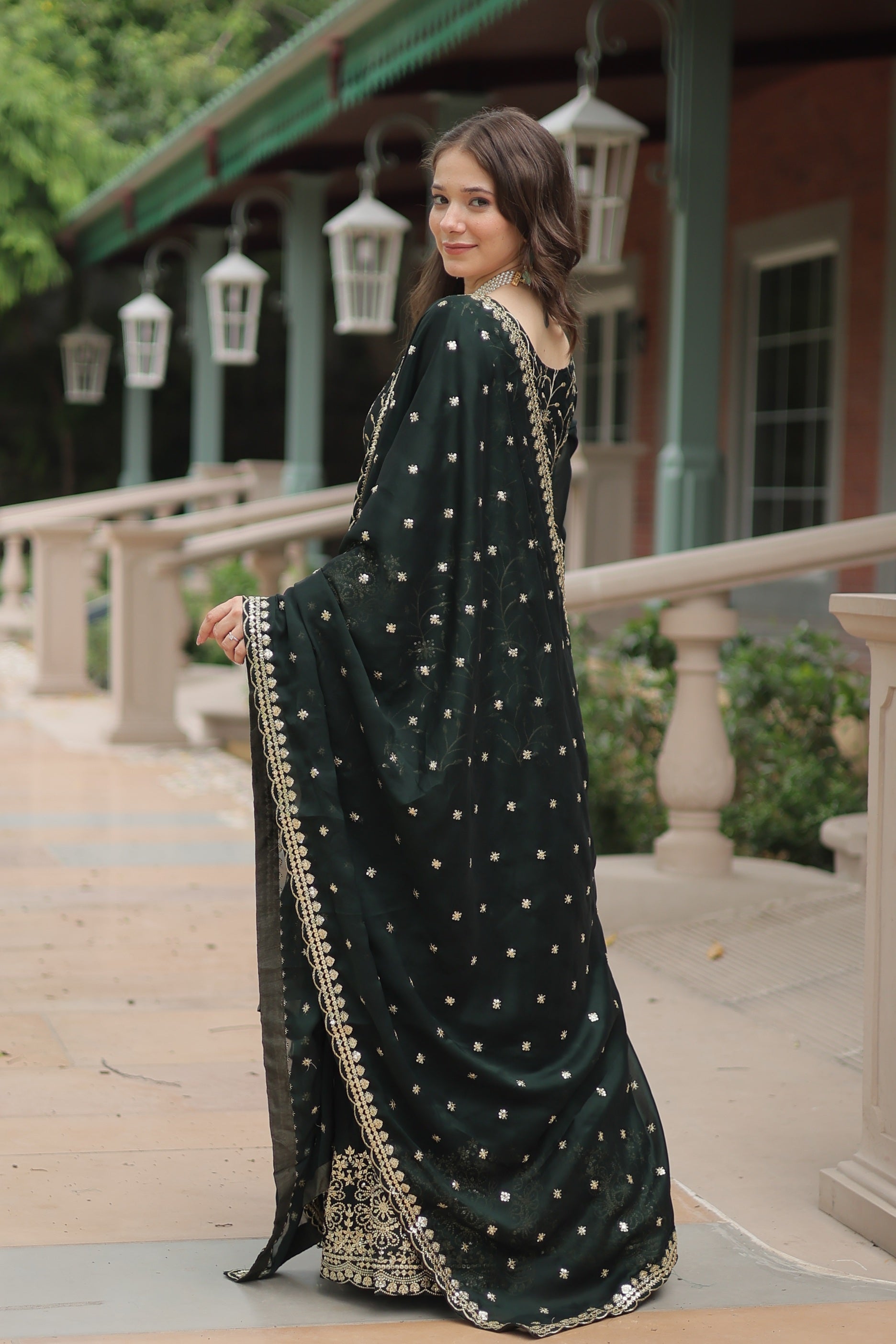 Sonakshi Women's Bottle Green Rangoli Silk Sequins Thread Embroidered Sharara Sets