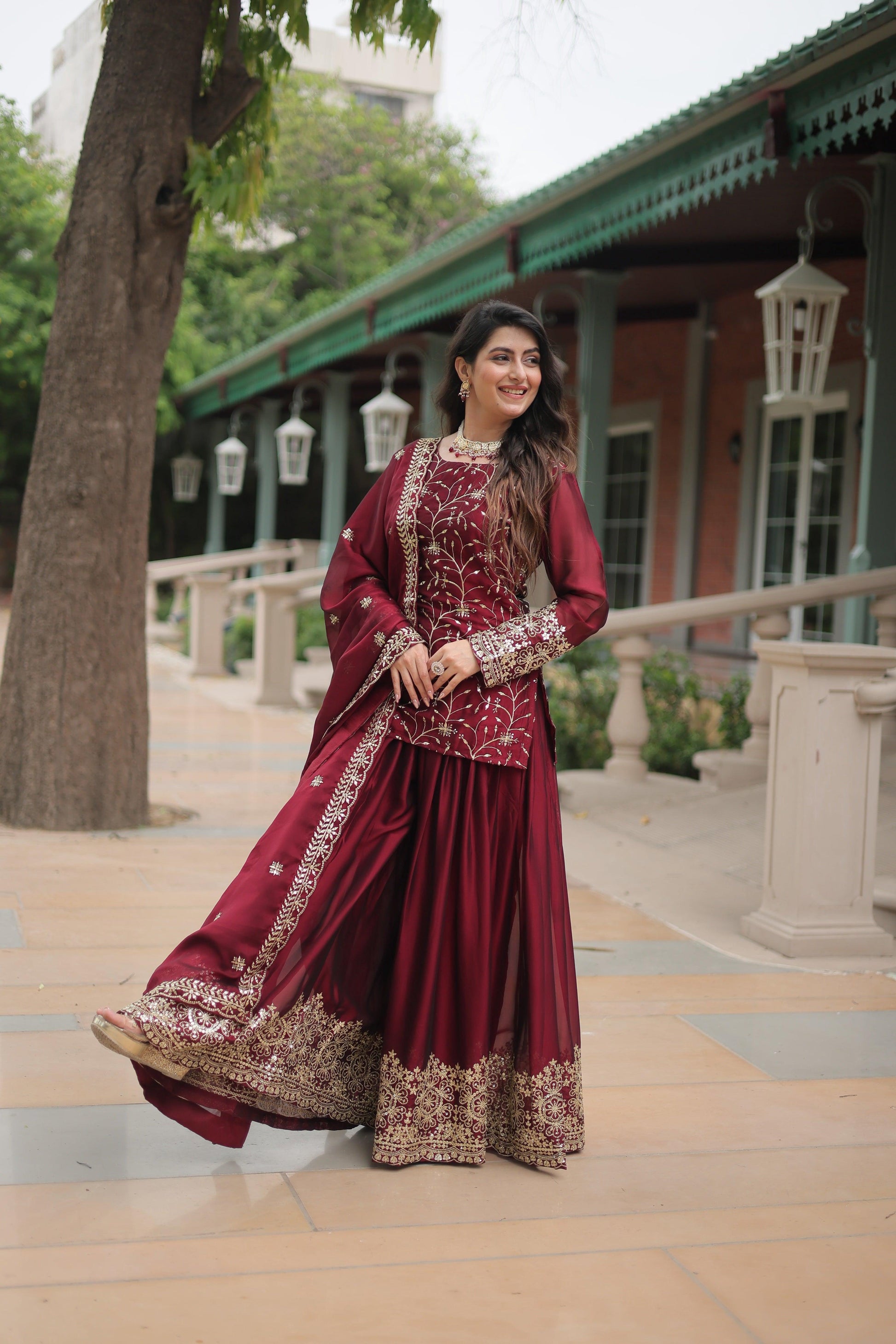 Sonakshi Women's Maroon Rangoli Silk Sequins Thread Embroidered Sharara Sets