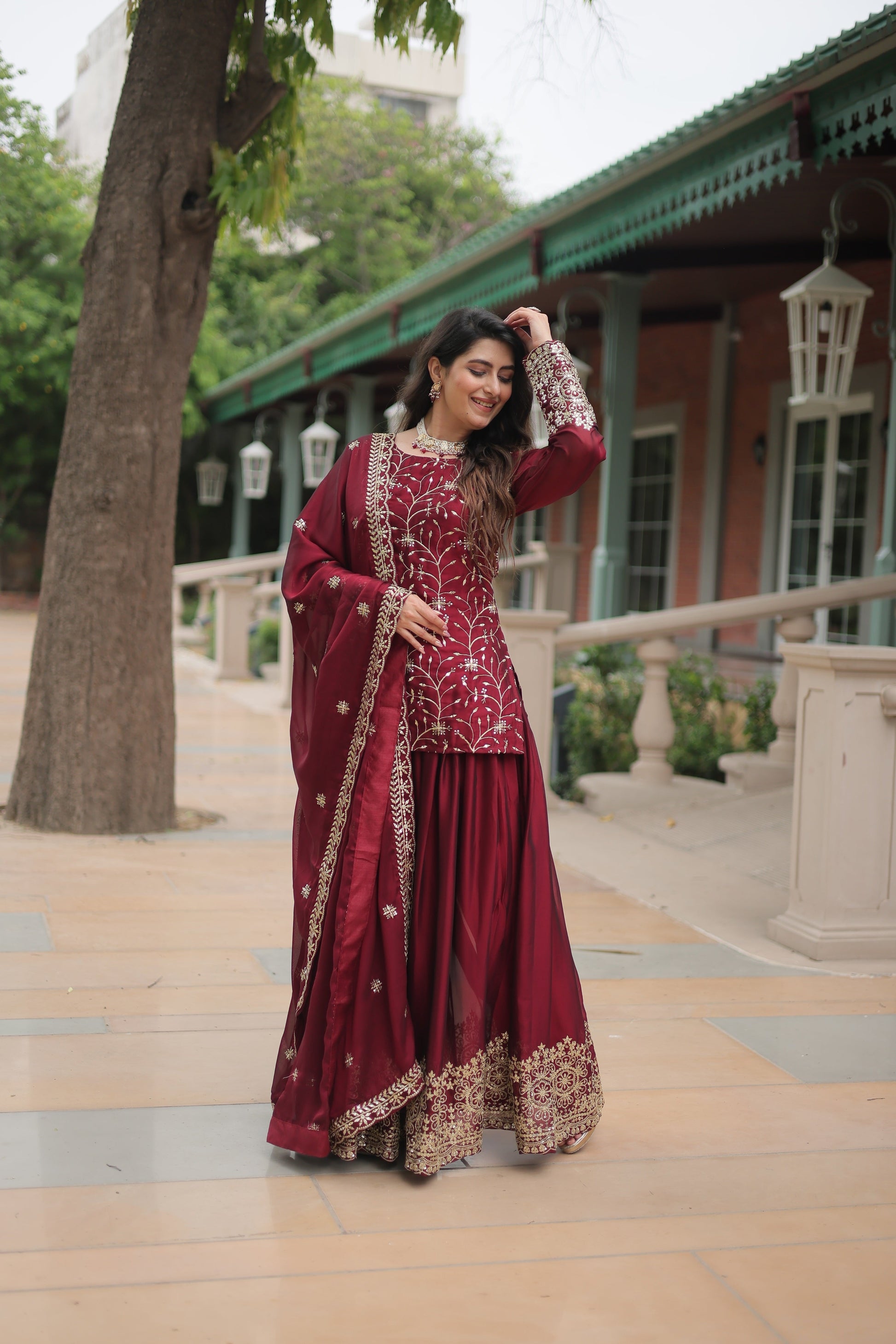 Sonakshi Women's Maroon Rangoli Silk Sequins Thread Embroidered Sharara Sets