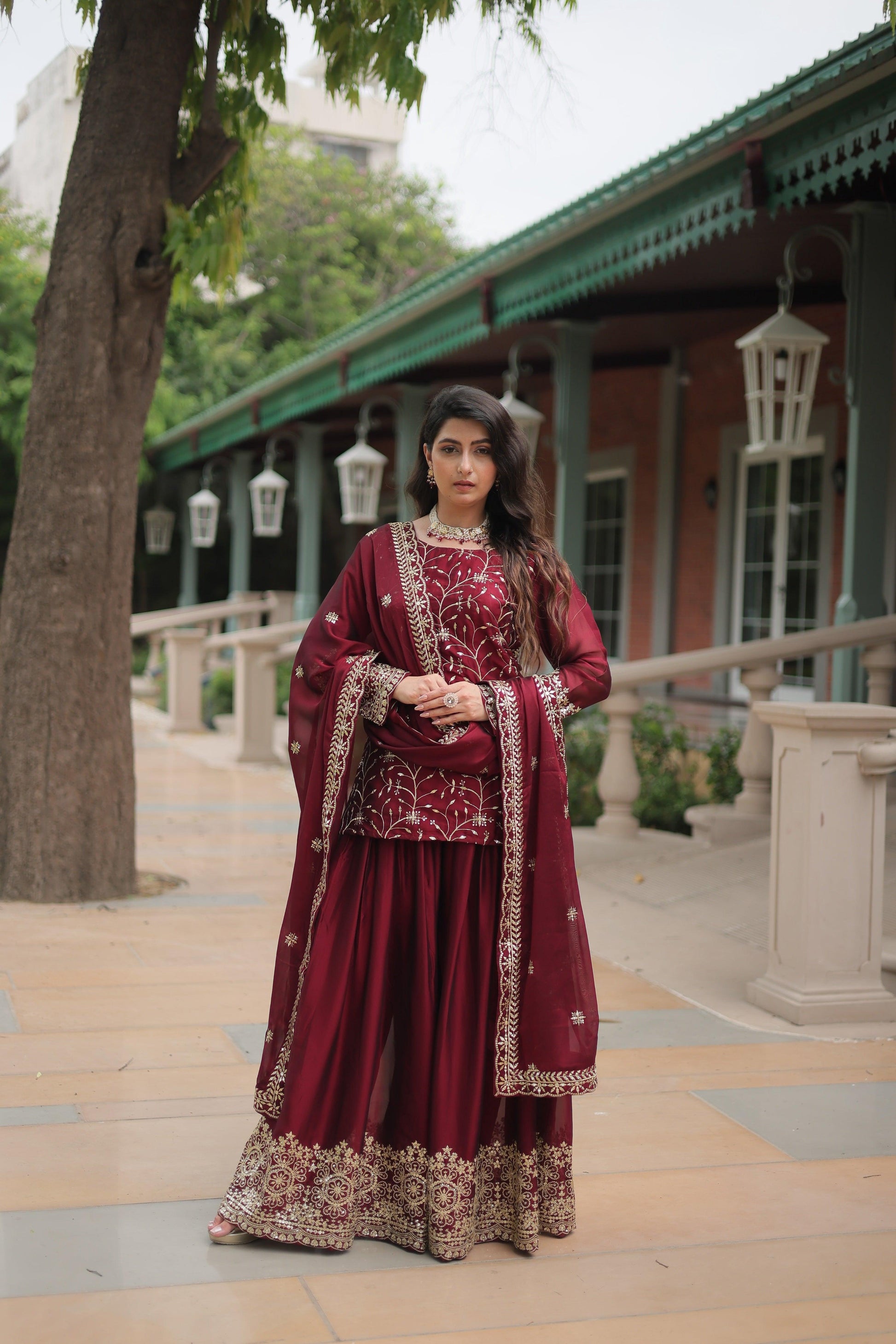 Sonakshi Women's Maroon Rangoli Silk Sequins Thread Embroidered Sharara Sets