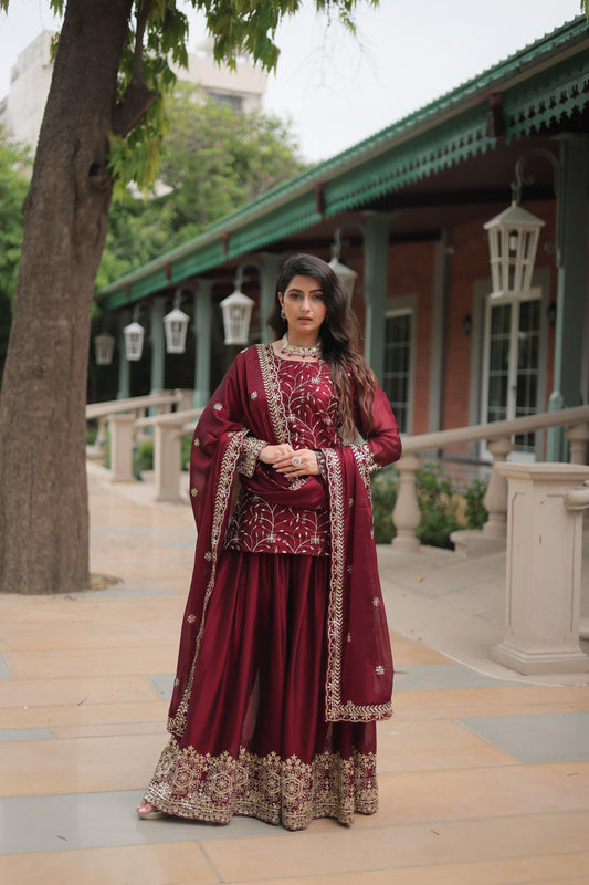 Sonakshi Women's Maroon Rangoli Silk Sequins Thread Embroidered Sharara Sets