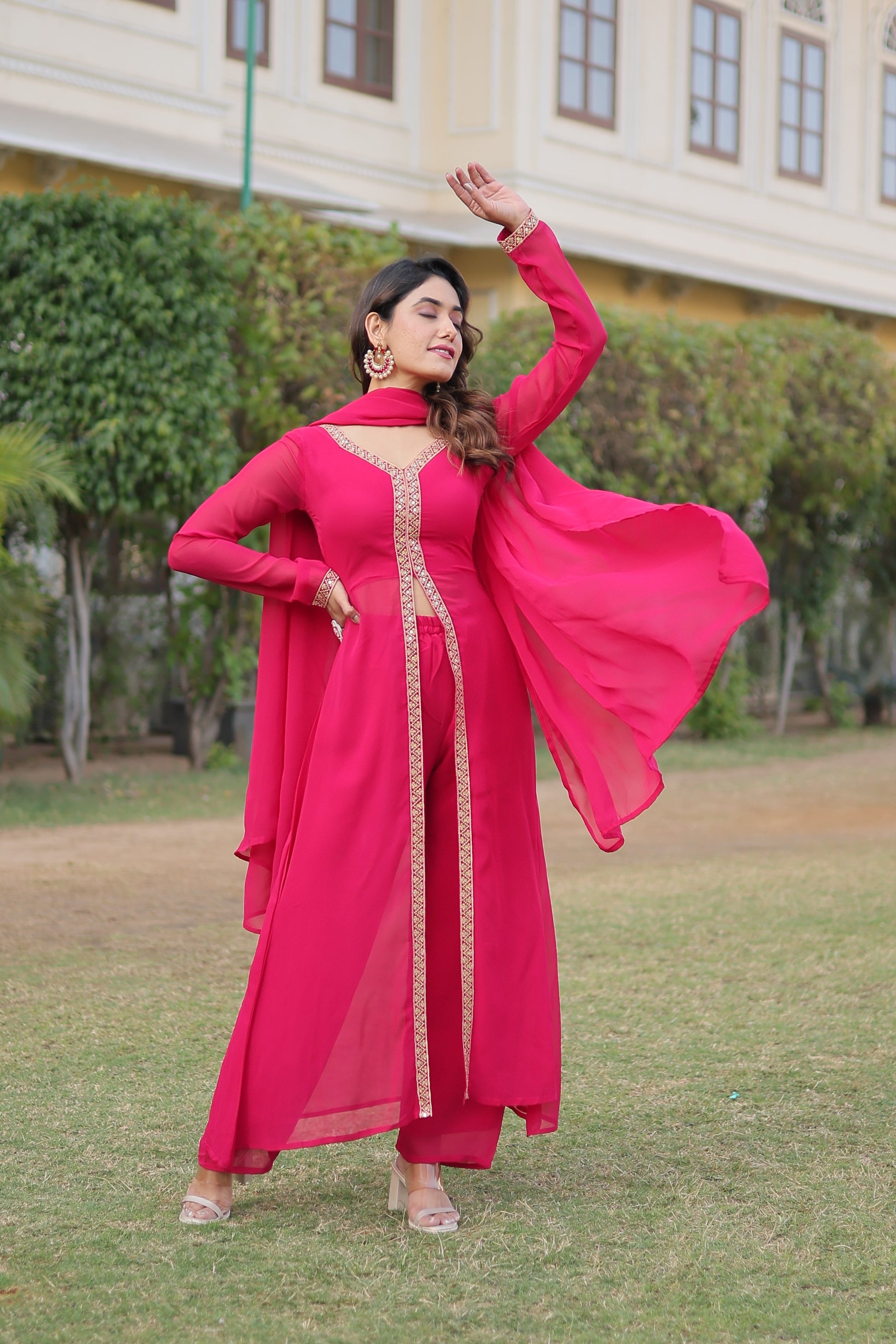 Sonakshi Women's Pink Faux Blooming Embroidered Kurta Sets