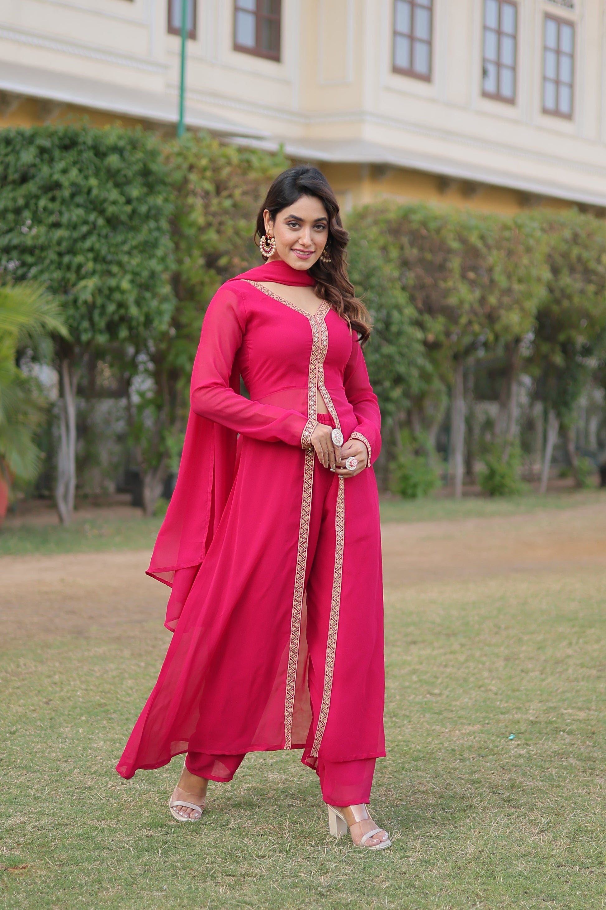 Sonakshi Women's Pink Faux Blooming Embroidered Kurta Sets