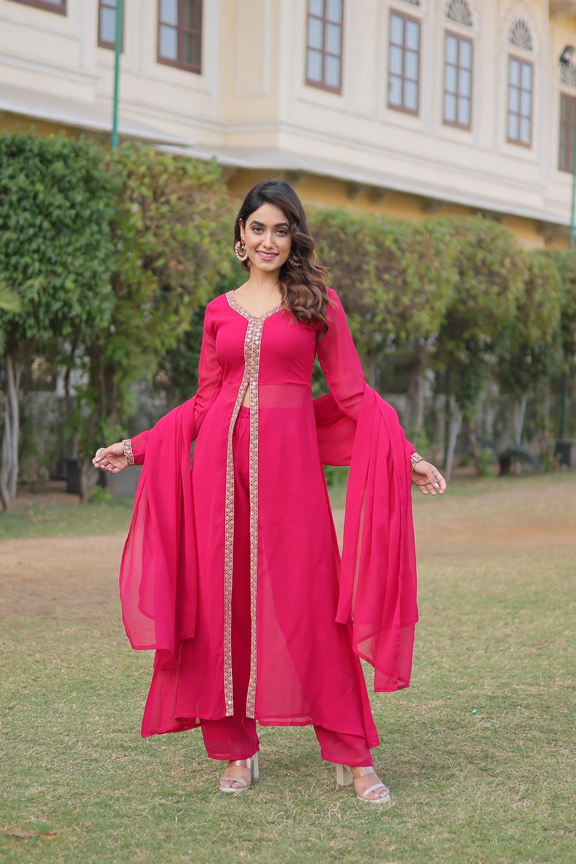Sonakshi Women's Pink Faux Blooming Embroidered Kurta Sets
