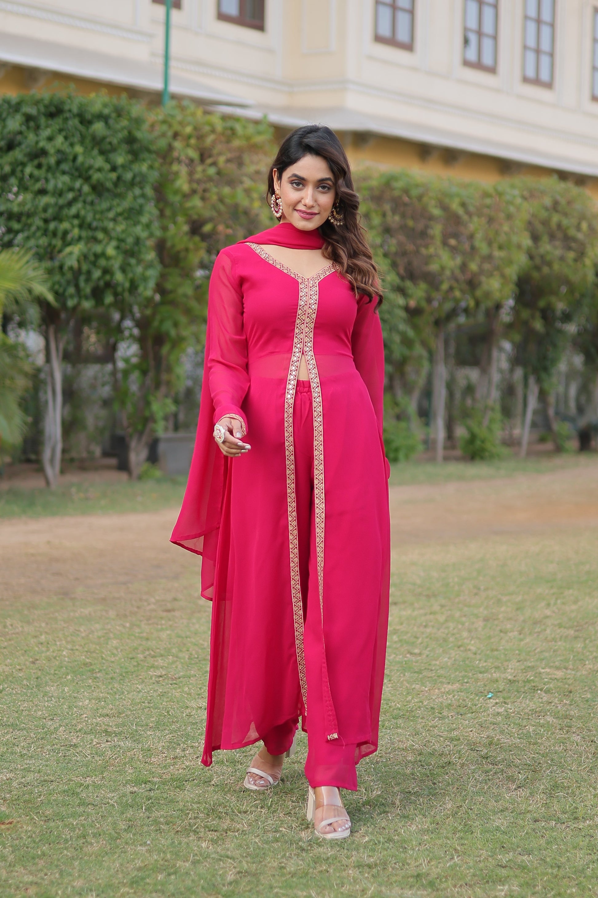 Sonakshi Women's Pink Faux Blooming Embroidered Kurta Sets