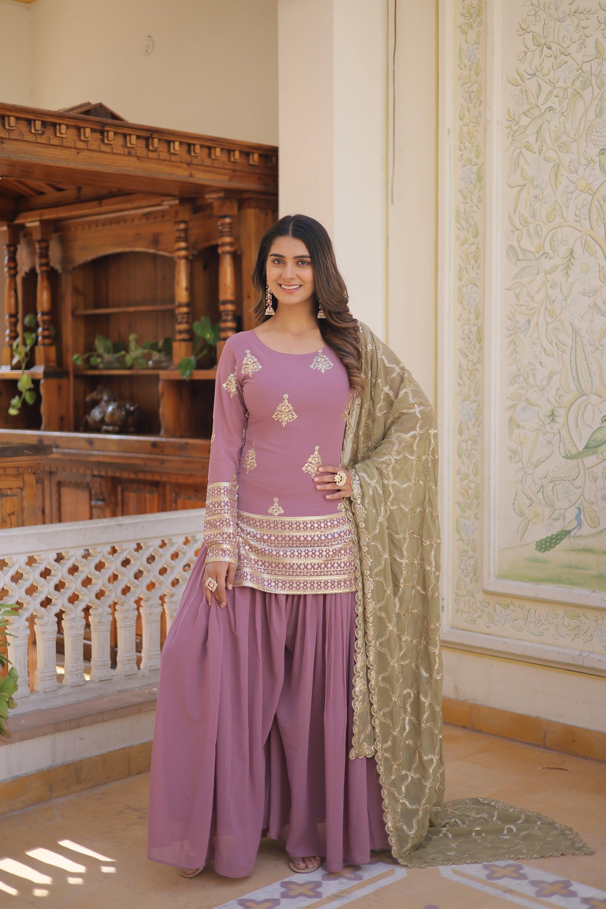 Sonakshi Women's Onion Faux Georgette Sequins Thread Embroidered Sharara Sets