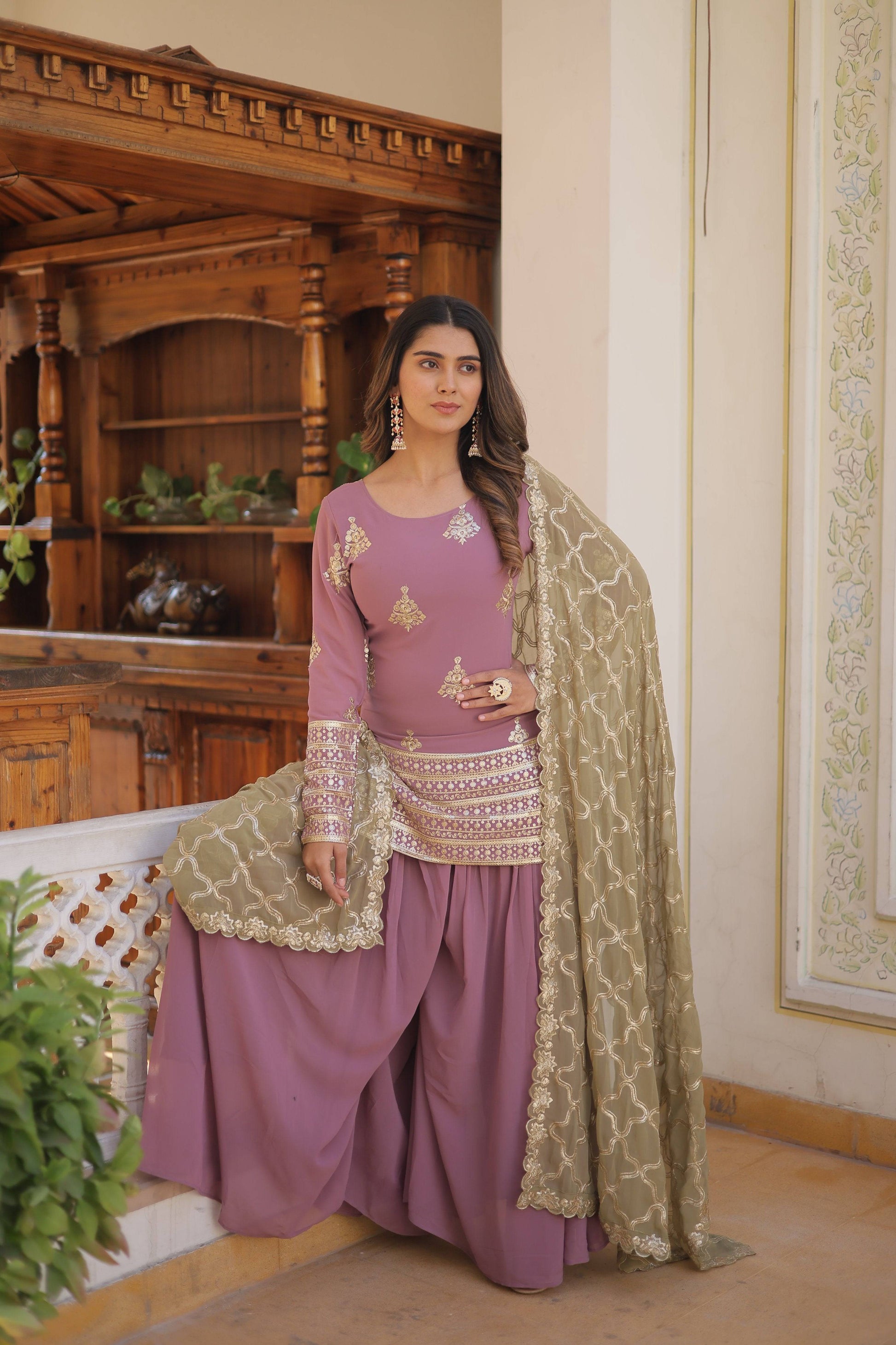 Sonakshi Women's Onion Faux Georgette Sequins Thread Embroidered Sharara Sets