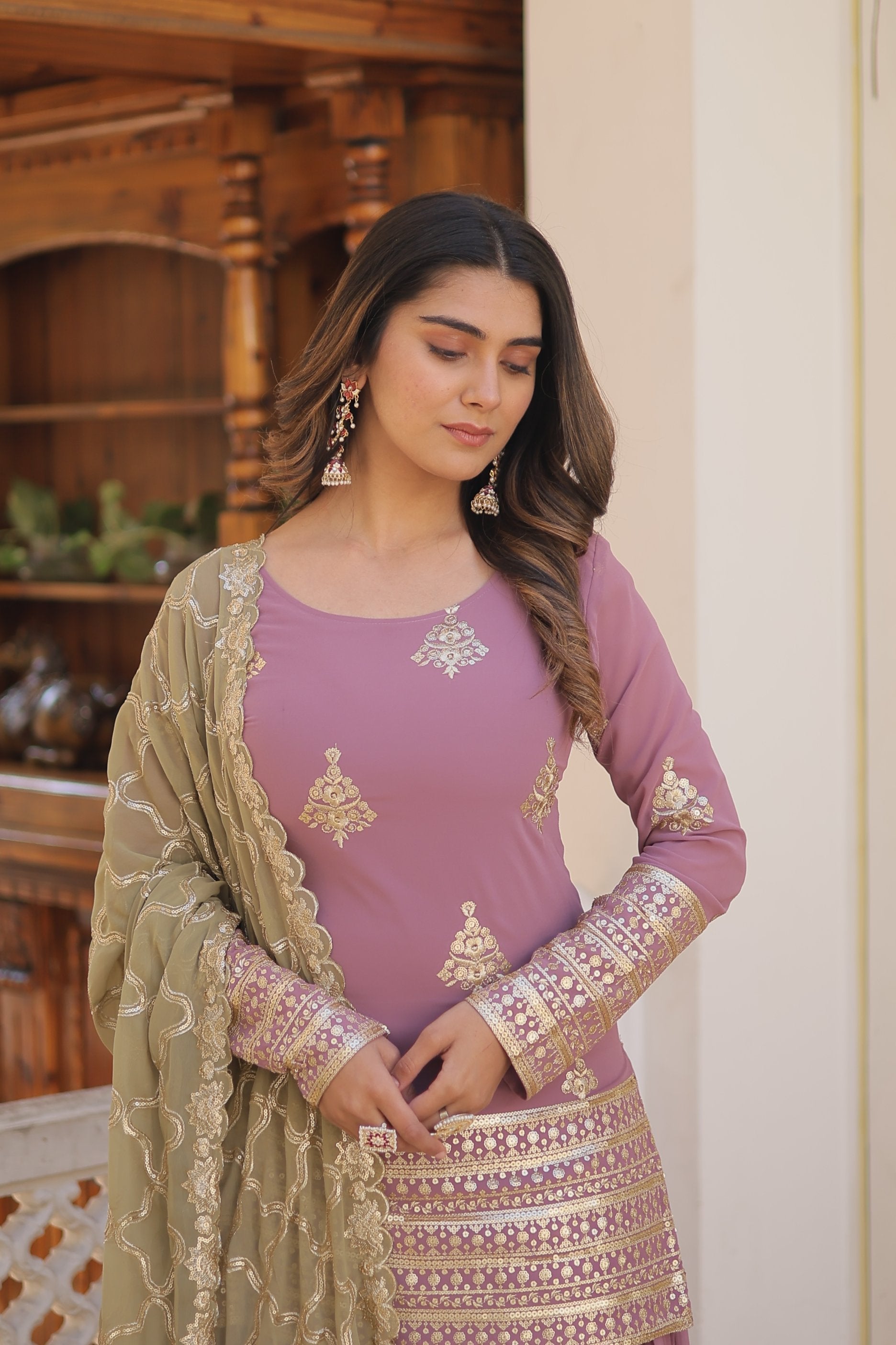 Sonakshi Women's Onion Faux Georgette Sequins Thread Embroidered Sharara Sets