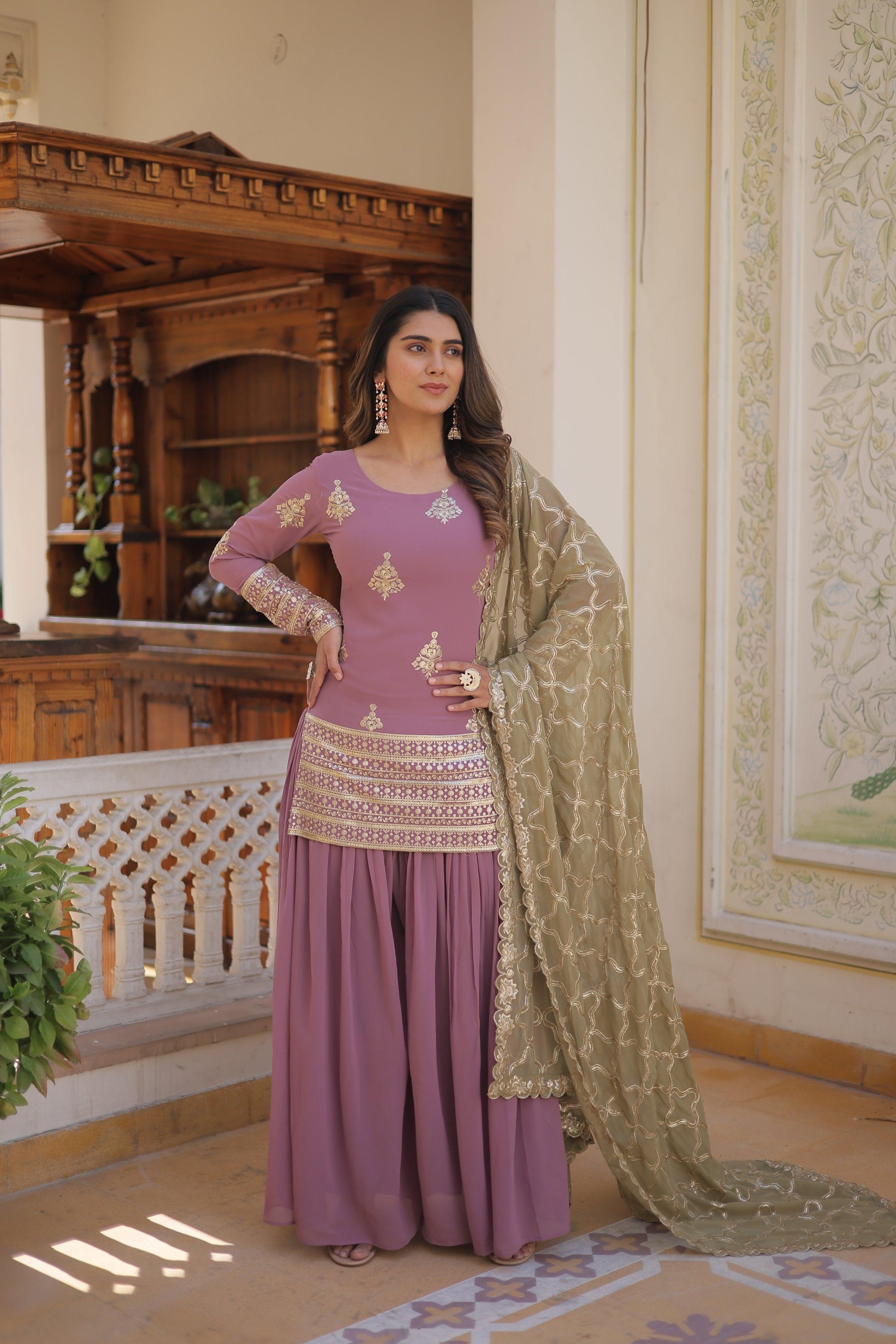 Sonakshi Women's Onion Faux Georgette Sequins Thread Embroidered Sharara Sets