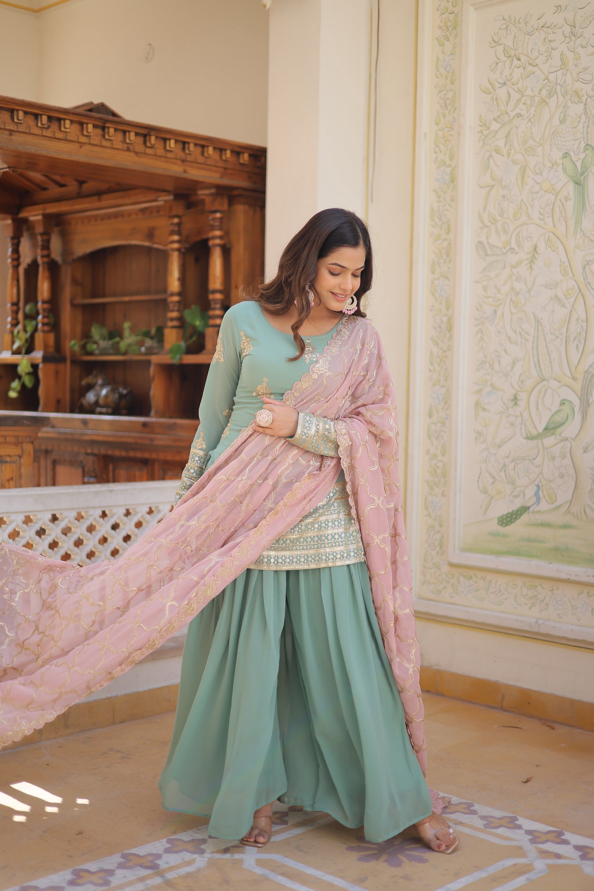 Sonakshi Women's Sky Blue Faux Georgette Sequins Thread Embroidered Sharara Sets