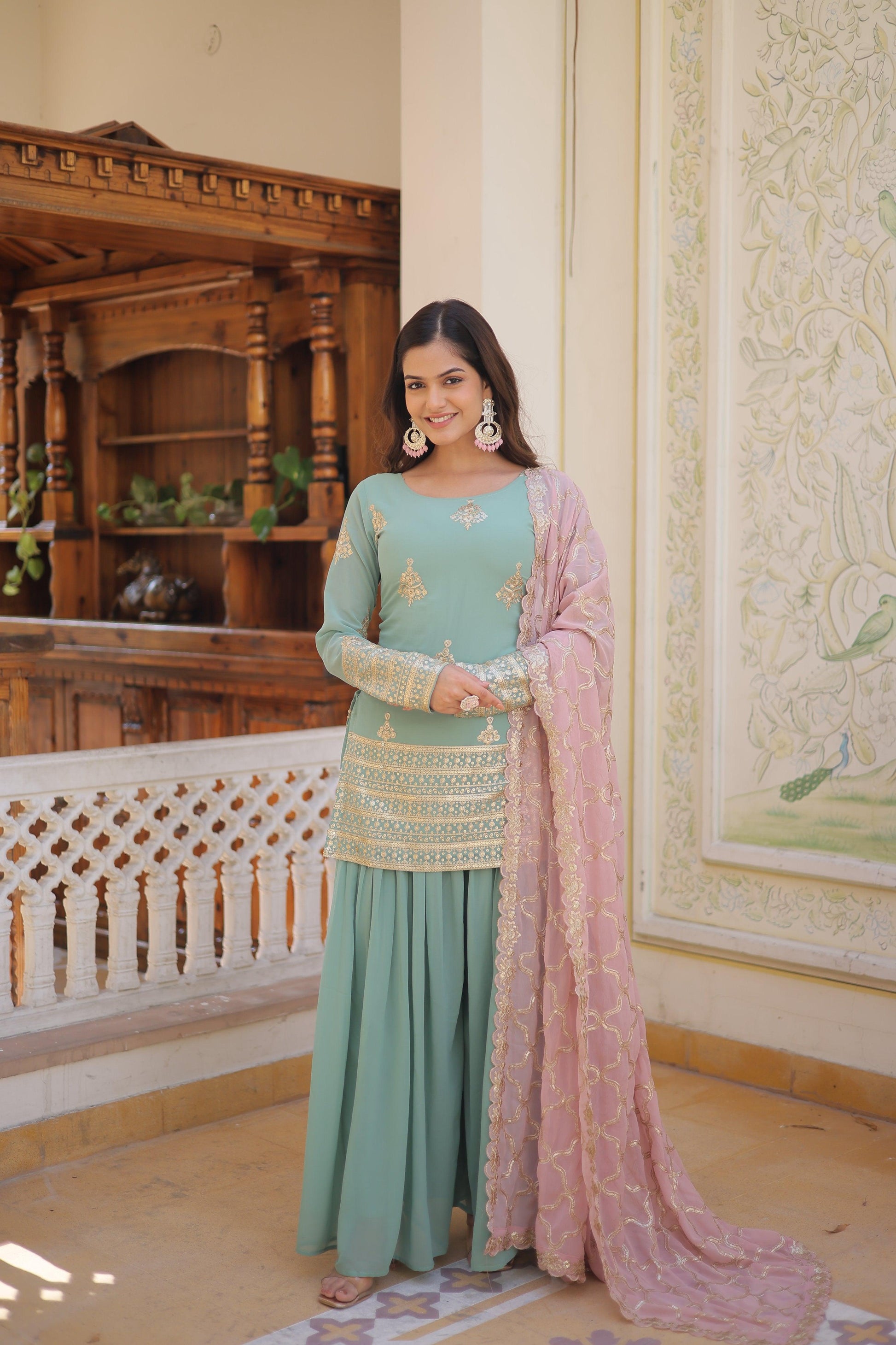 Sonakshi Women's Sky Blue Faux Georgette Sequins Thread Embroidered Sharara Sets