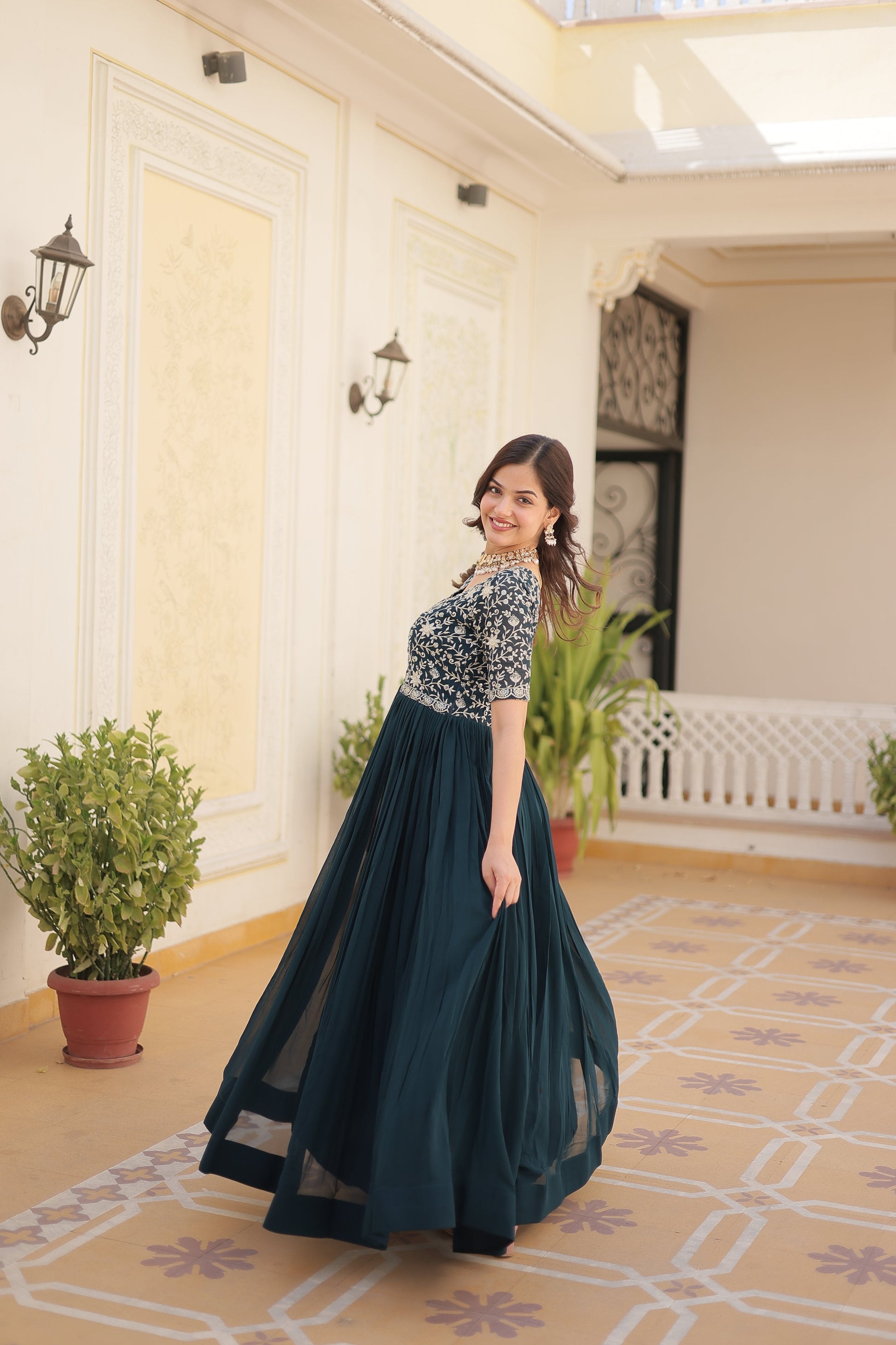 Sonakshi Women's Rama Faux Blooming Sequins Zari Embroidered Long Anarkali Dress