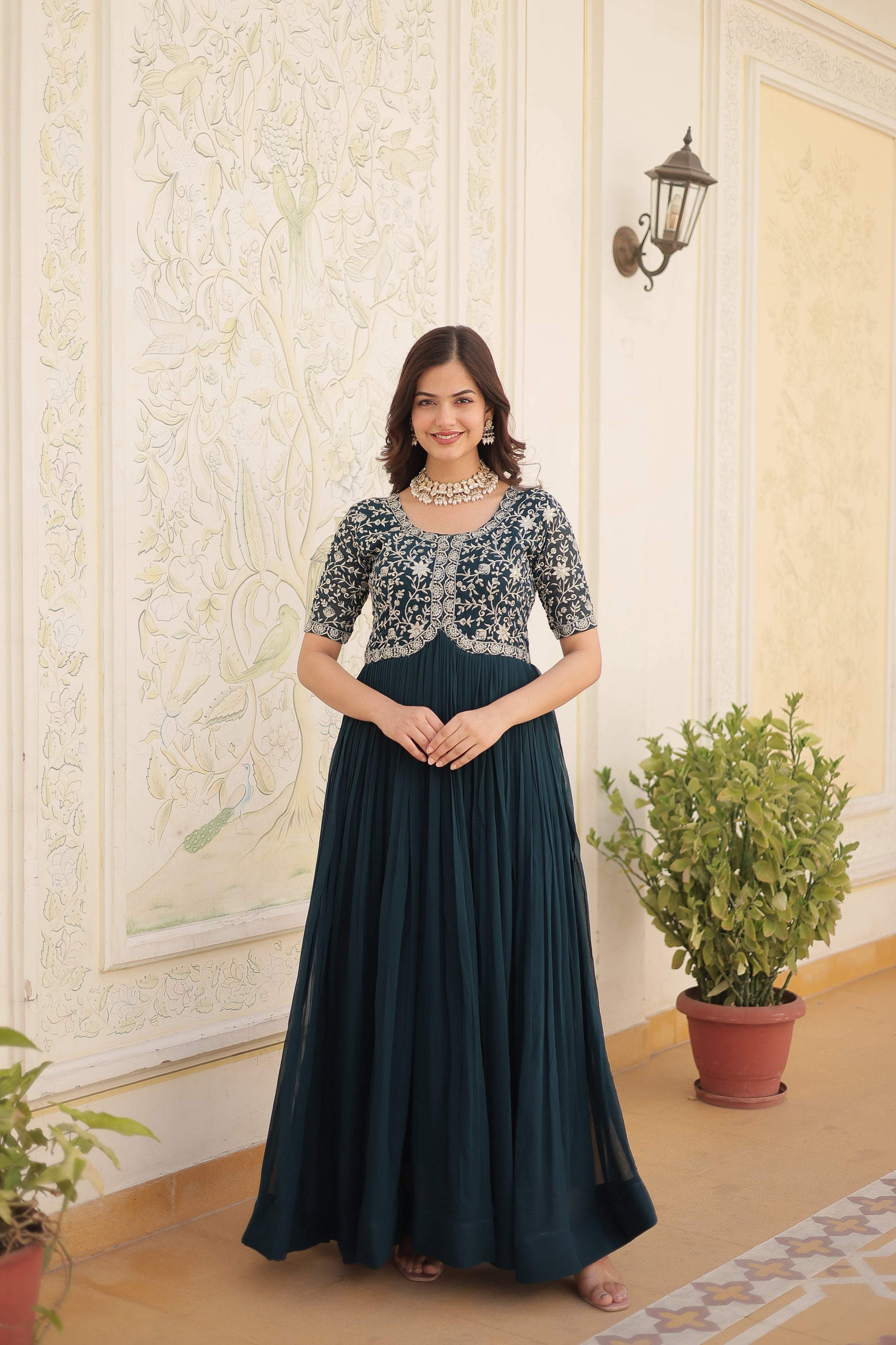 Sonakshi Women's Rama Faux Blooming Sequins Zari Embroidered Long Anarkali Dress