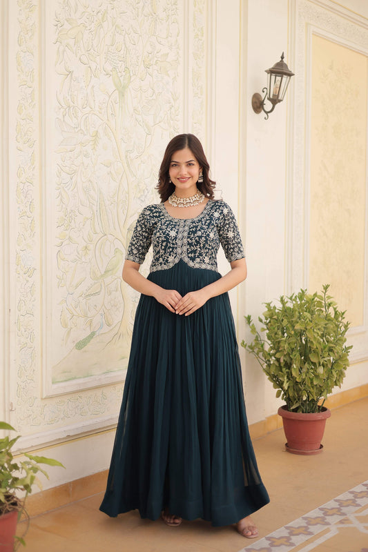 Sonakshi Women's Rama Faux Blooming Sequins Zari Embroidered Long Anarkali Dress