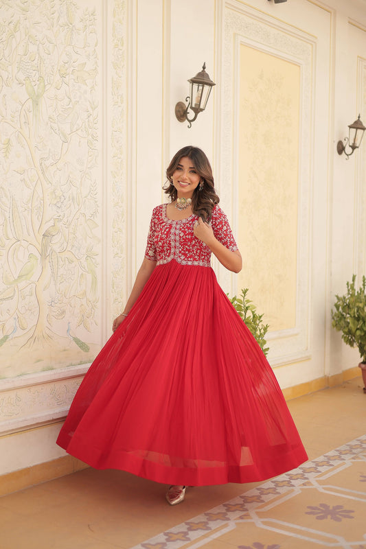 Sonakshi Women's Red Faux Blooming Sequins Zari Embroidered Long Anarkali Dress