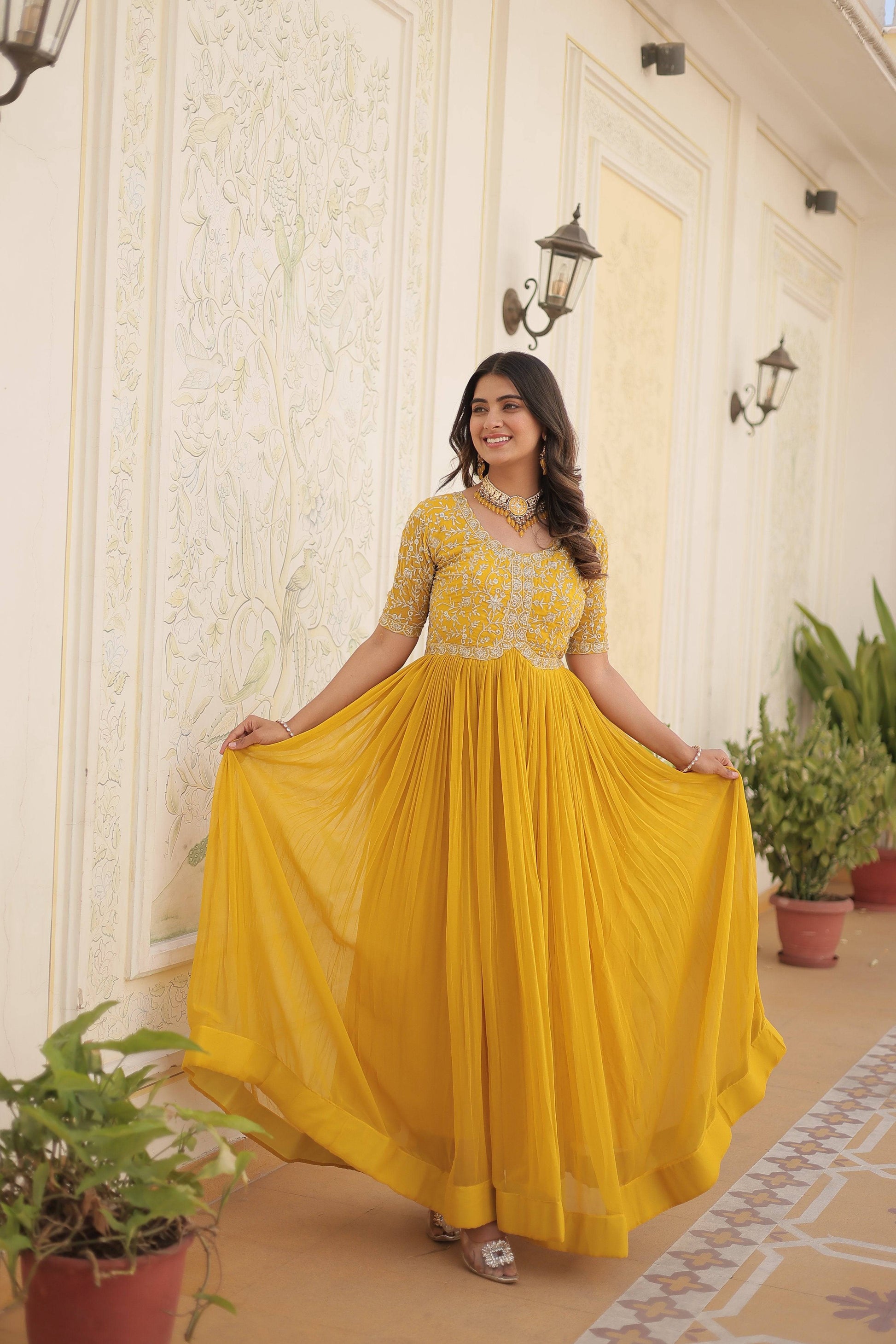 Sonakshi Women's Yellow Faux Blooming Sequins Zari Embroidered Long Anarkali Dress