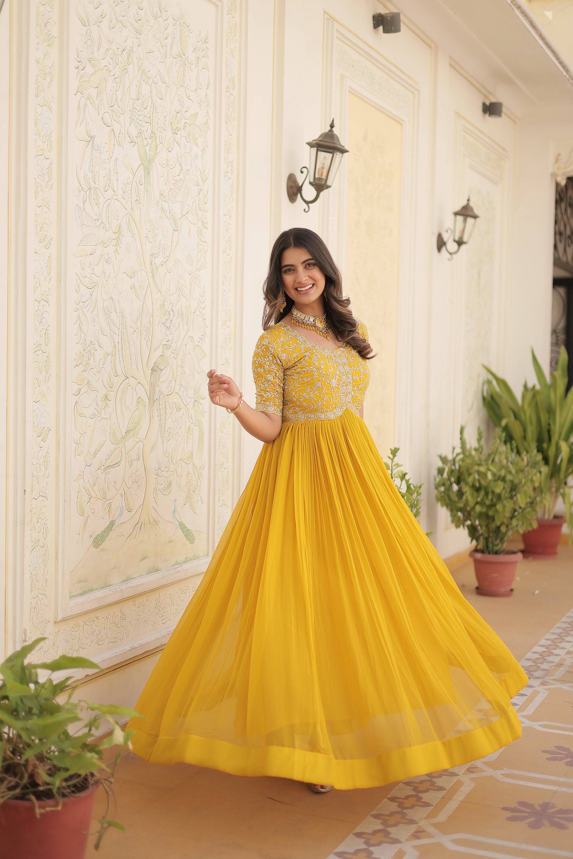 Sonakshi Women's Yellow Faux Blooming Sequins Zari Embroidered Long Anarkali Dress