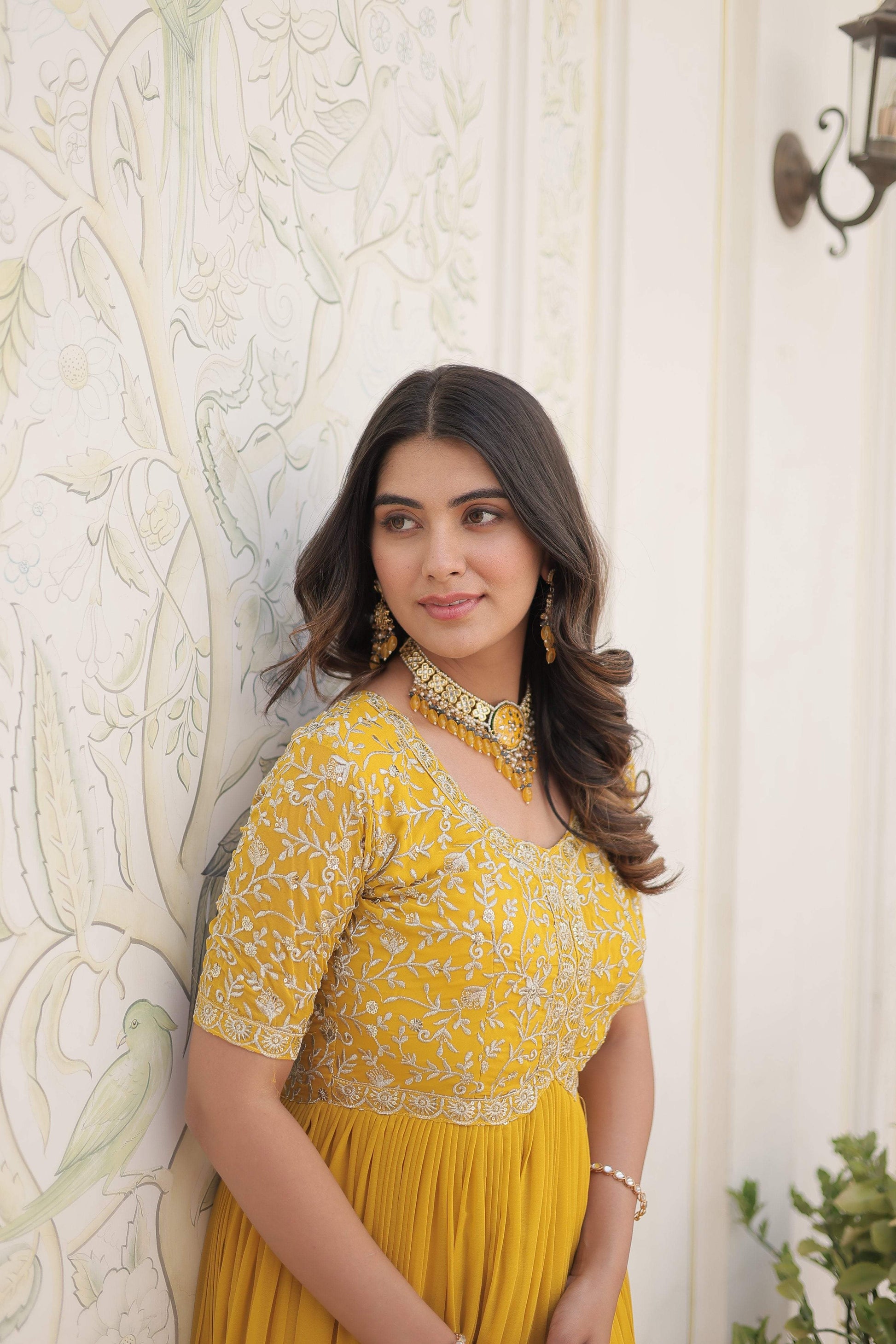 Sonakshi Women's Yellow Faux Blooming Sequins Zari Embroidered Long Anarkali Dress