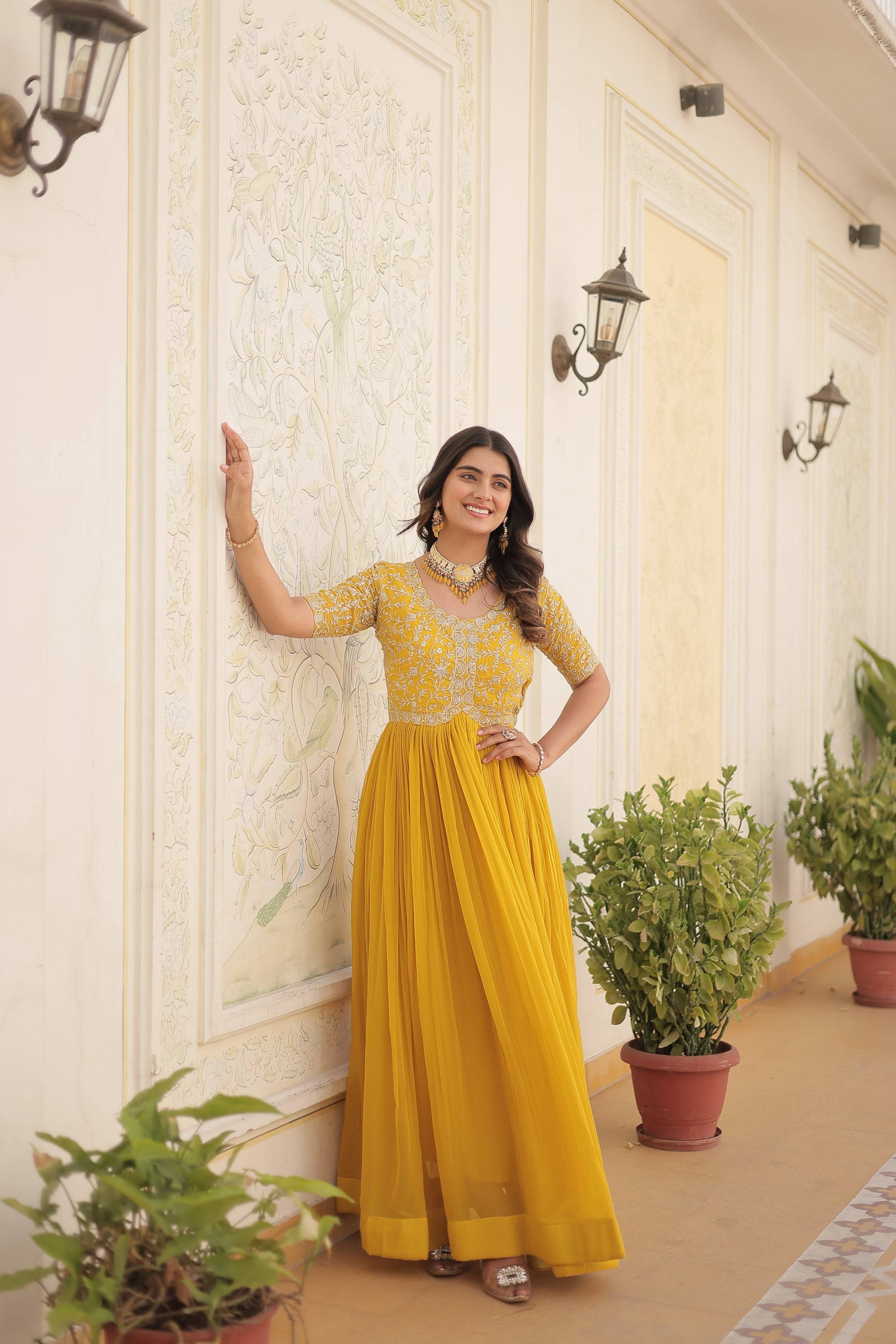 Sonakshi Women's Yellow Faux Blooming Sequins Zari Embroidered Long Anarkali Dress