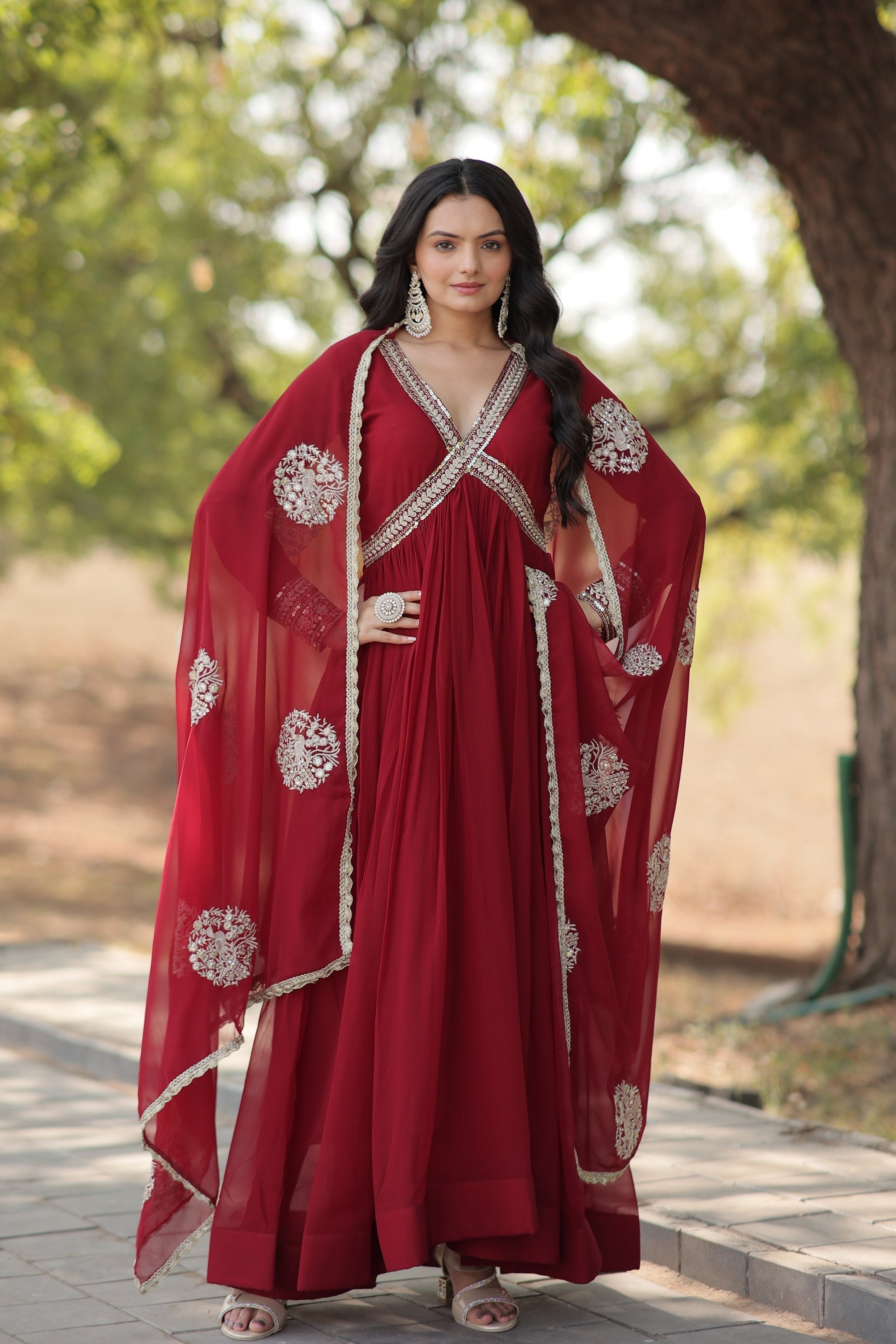Sonakshi Women's Maroon Faux Blooming Sequins Zari Embroidered Anarkali Dress with Dupatta 