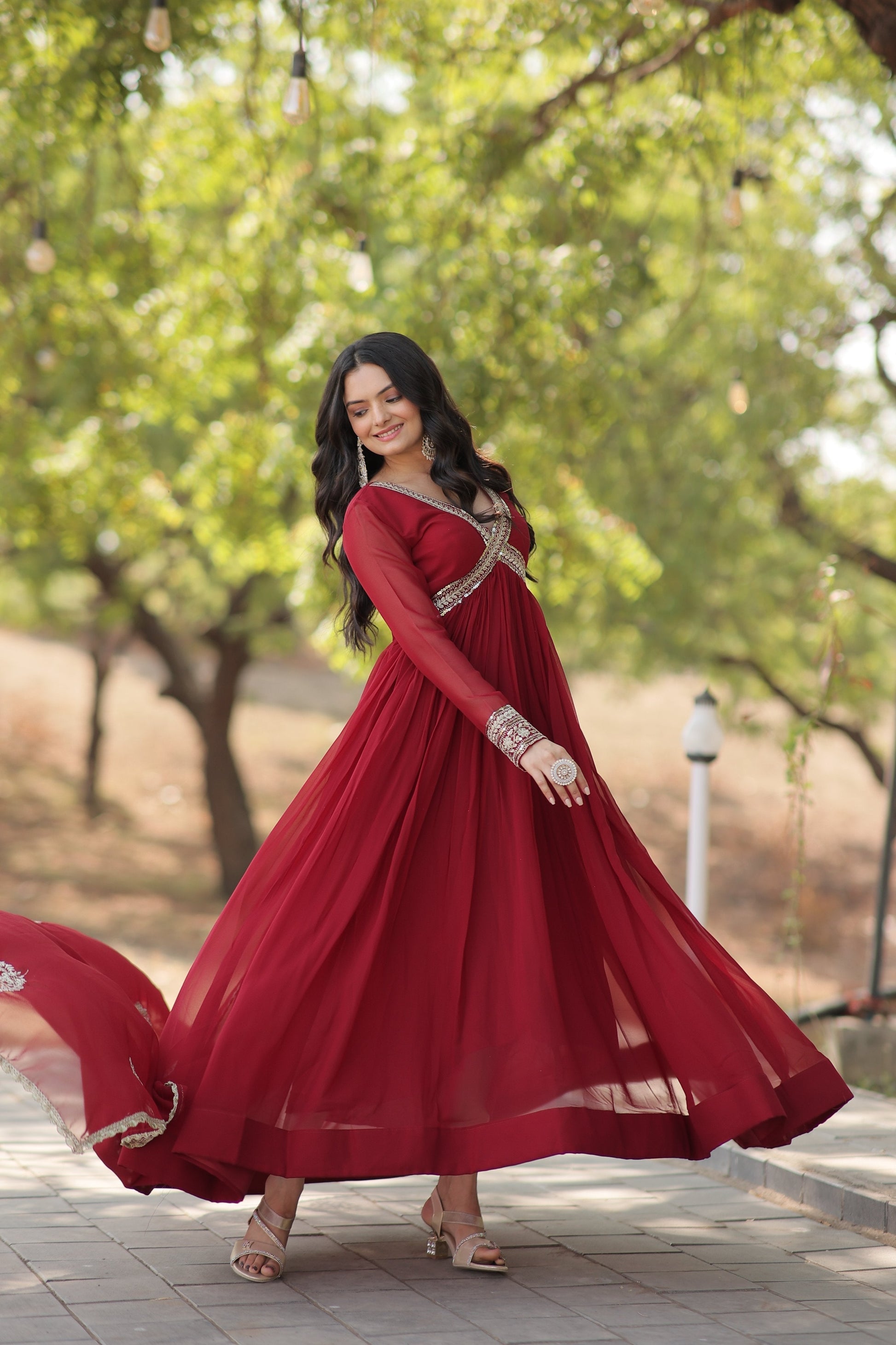 Sonakshi Women's Maroon Faux Blooming Sequins Zari Embroidered Anarkali Dress with Dupatta 