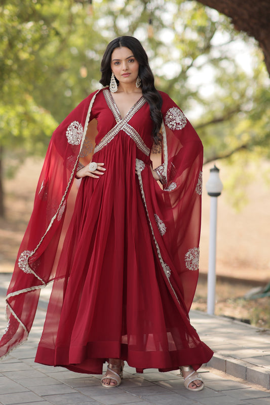 Sonakshi Women's Maroon Faux Blooming Sequins Zari Embroidered Anarkali Dress with Dupatta 