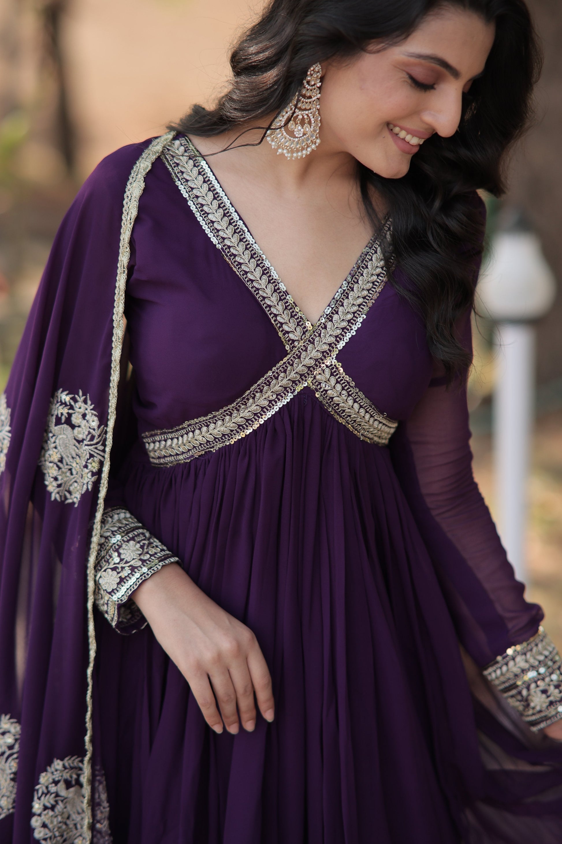 Sonakshi Women's Purple Faux Blooming Sequins Zari Embroidered Anarkali Dress with Dupatta